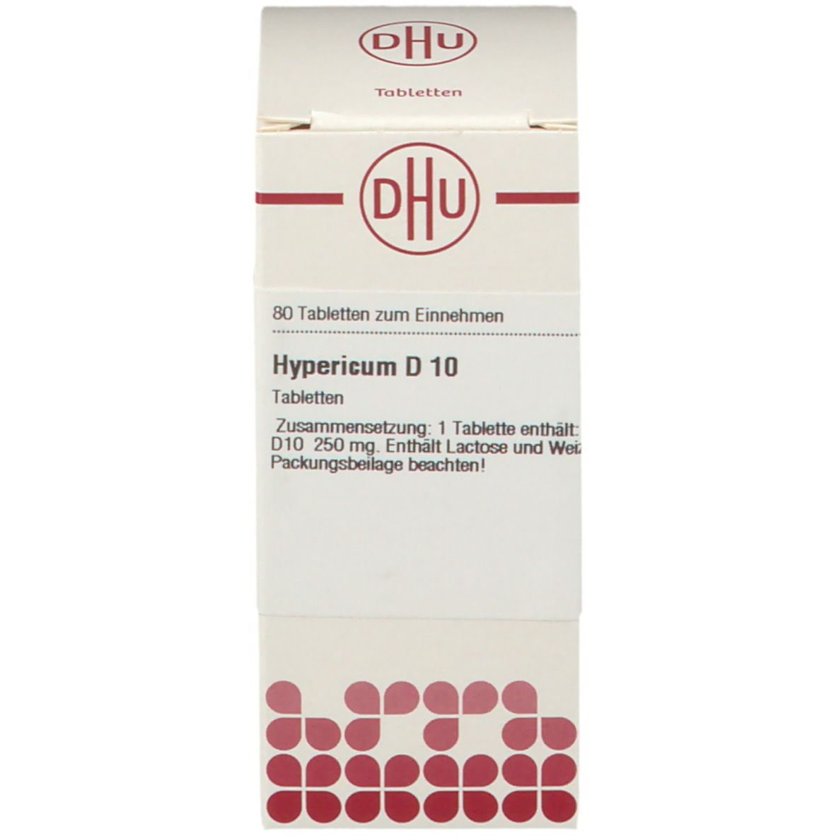 Karton mit Text: Hypericum D 10, 80 Tabletten. DHU Logo. Zusammensetzung, Dosierung und weitere Informationen.