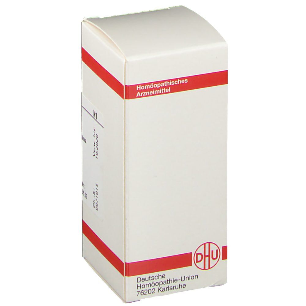 Weiße Faltschachtel mit rotem Streifen. Aufschrift: Homöopathisches Arzneimittel. DHU-Logo. Deutsche Homöopathie-Union.