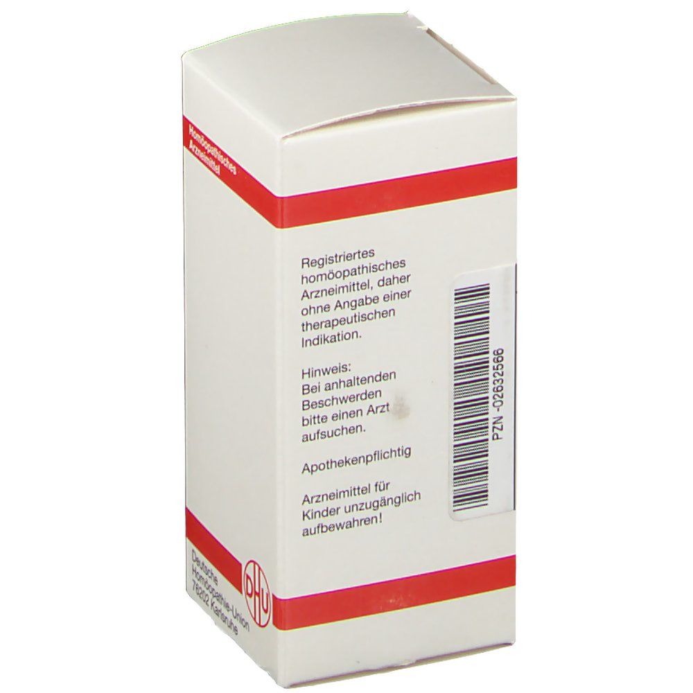 Weiße Faltschachtel. Aufschrift: Homöopathisches Arzneimittel. Text und PZN-02632566. DHU-Logo. Apothekenpflichtig.