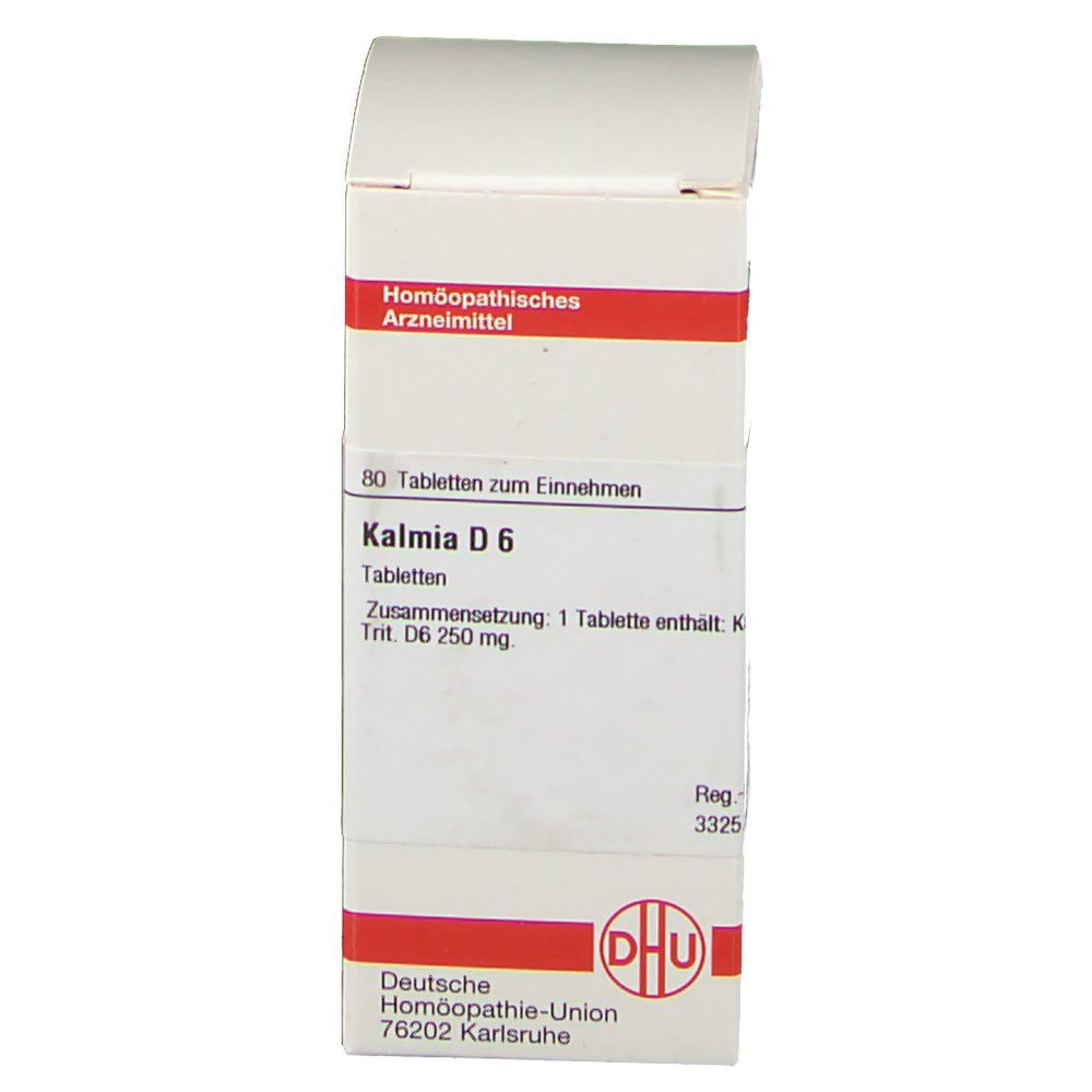 Weiße Faltschachtel mit rotem Streifen. Aufschrift: Kalmia D6 Tabletten. 80 Tabletten. DHU-Logo. Homöopathisches Arzneimittel.