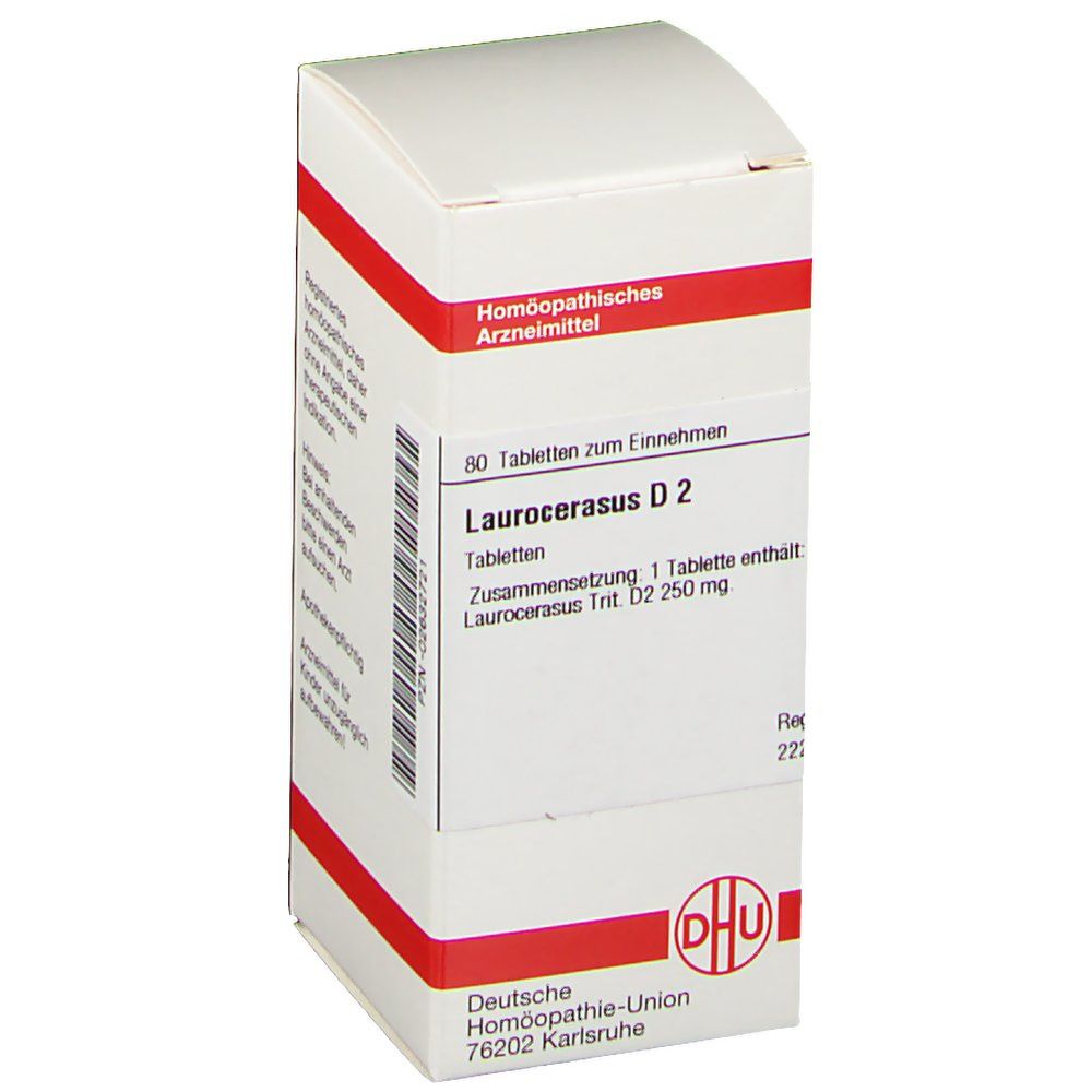 Weiße Faltschachtel mit roter Umrandung. Aufschrift: Laurocerasus D 2, DHU Logo. Homöopathisches Arzneimittel.