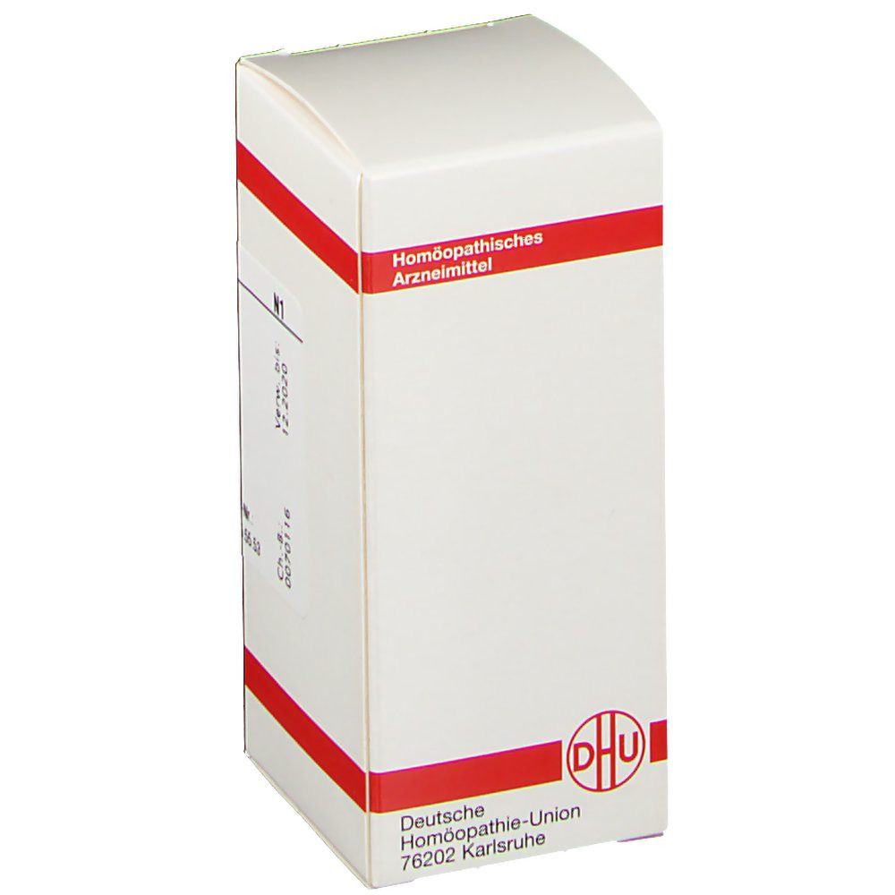 Weiße Faltschachtel mit roter Umrandung. Aufschrift: Homöopathisches Arzneimittel, DHU Logo.