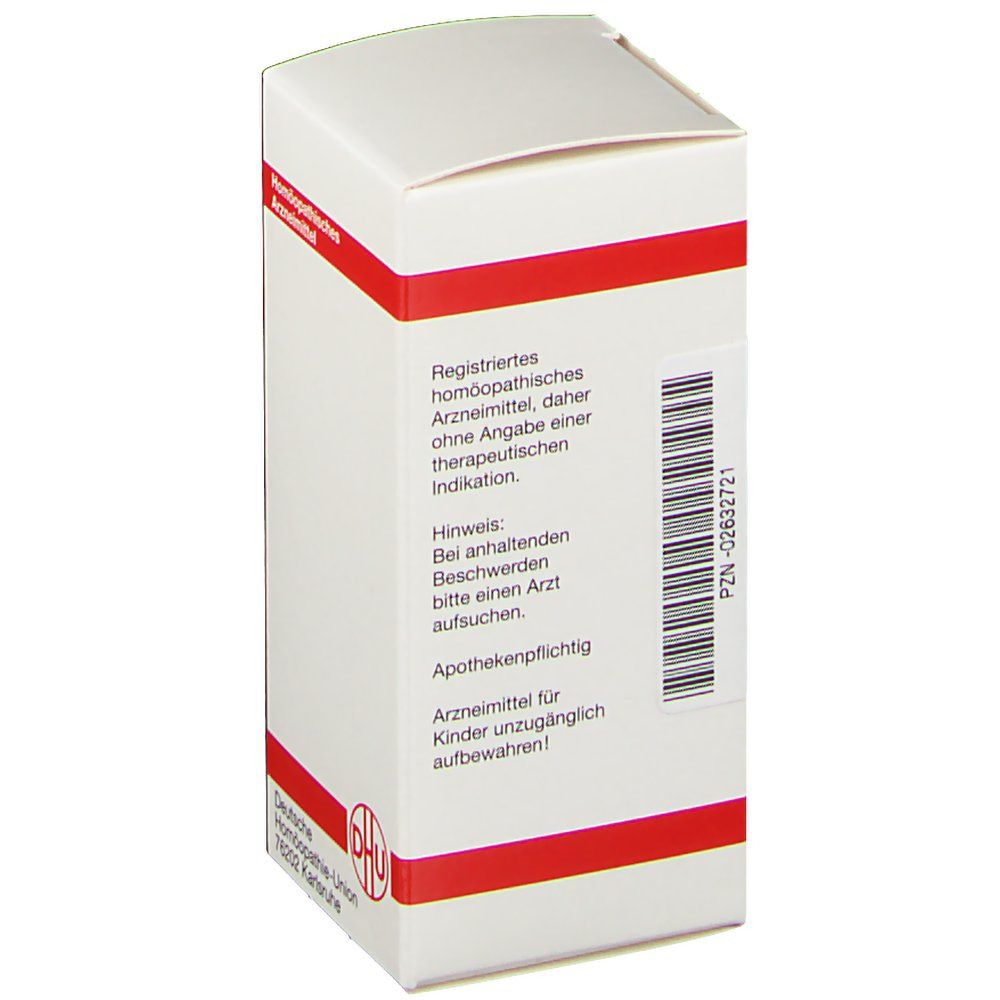 Weiße Faltschachtel mit roter Umrandung. Aufschrift: Registriertes homöopathisches Arzneimittel, DHU Logo.