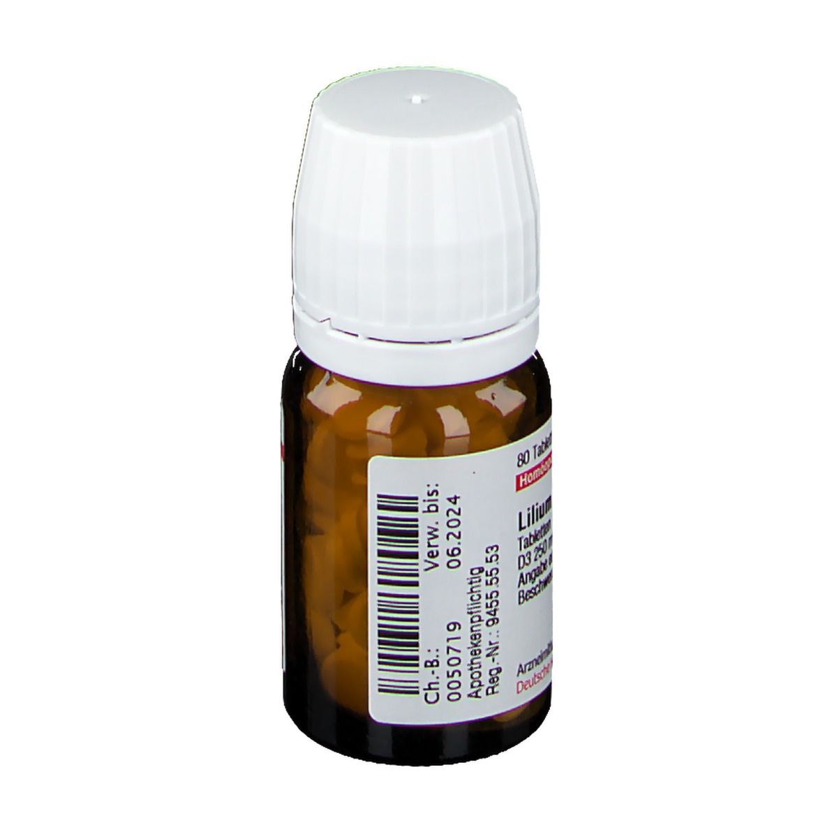 Braune Glasflasche mit weißem Deckel. Etikett mit Text: Lilium tigrinum D3 Tabletten. Verwendbar bis 06.2024. Apothekenpflichtig.