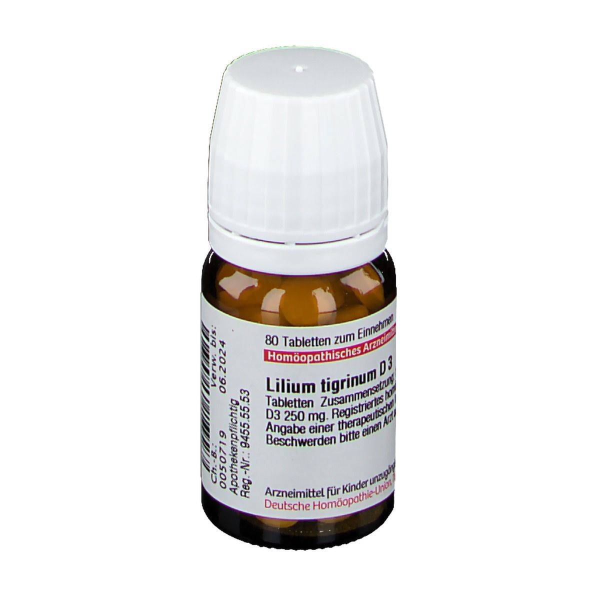 Braune Glasflasche mit weißem Deckel. Etikett mit Text: Lilium tigrinum D3 Tabletten. 80 Tabletten. Homöopathisches Arzneimittel.