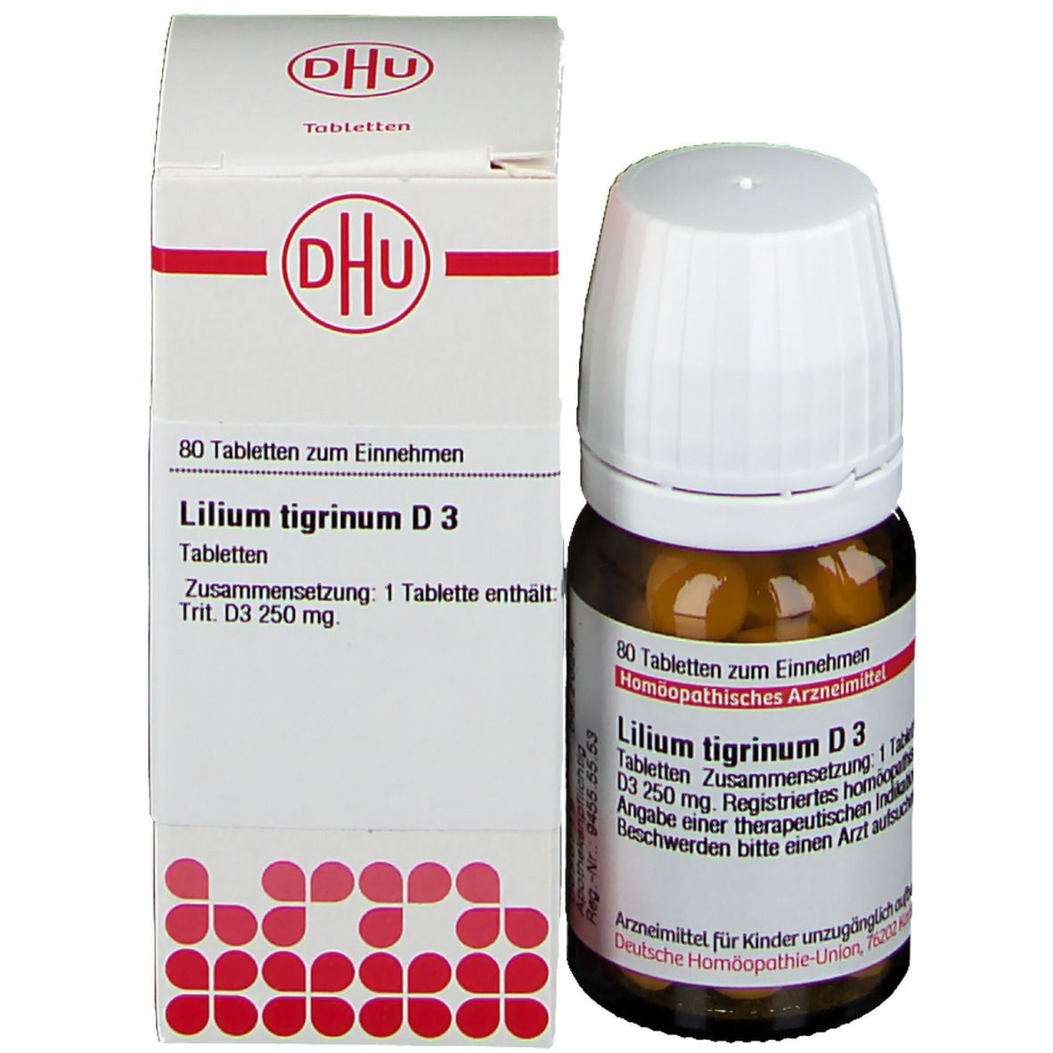 Produktverpackung und Flasche. Verpackung mit Text: DHU, Lilium tigrinum D3 Tabletten. Flasche mit Tabletten und Etikett.