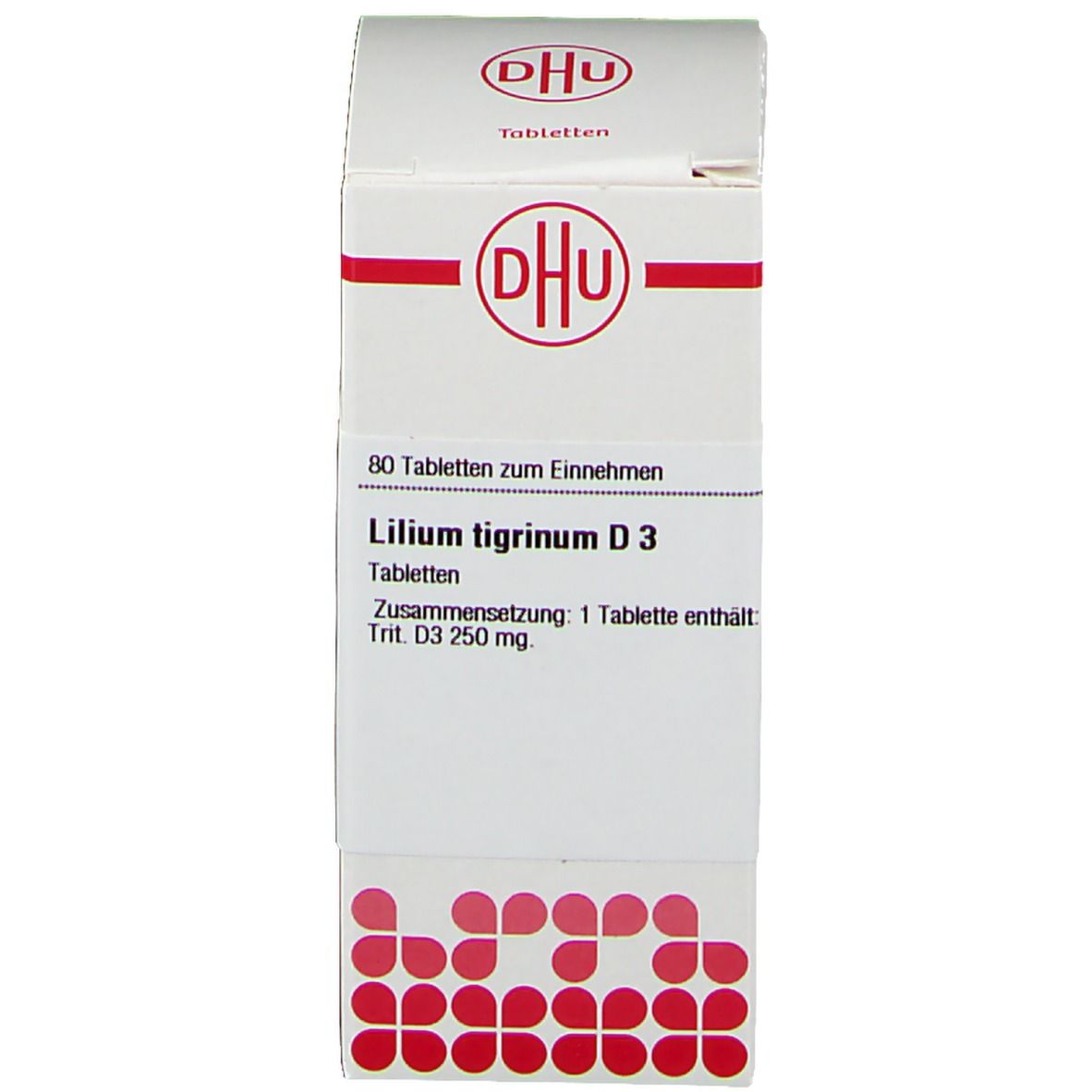 Produktverpackung. Verpackung mit Text: DHU, Lilium tigrinum D3 Tabletten. 80 Tabletten. Homöopathisches Arzneimittel.