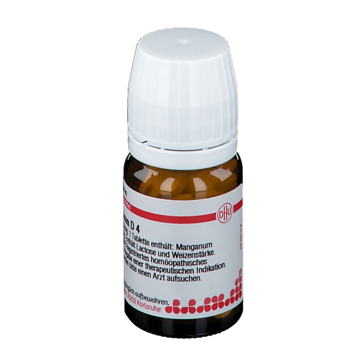 Braune Glasflasche mit weißem Deckel. Roter Streifen mit Text. DHU Manganum aceticum D4. Homöopathisches Arzneimittel.
