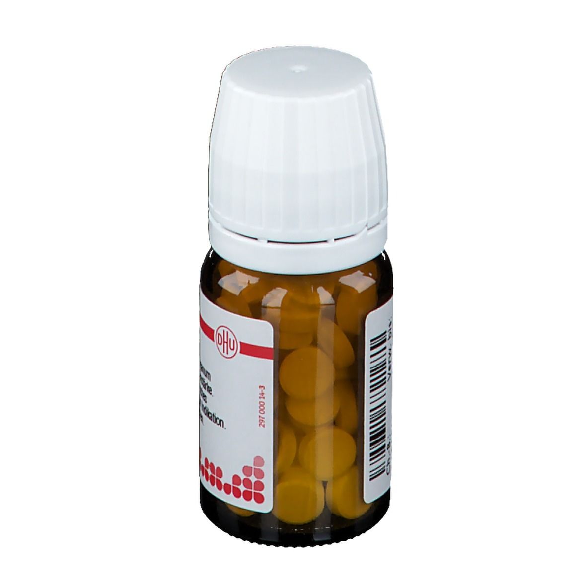 Braune Glasflasche mit weißem Deckel. Tabletten sichtbar. DHU-Logo. Homöopathisches Arzneimittel. Tabletten.