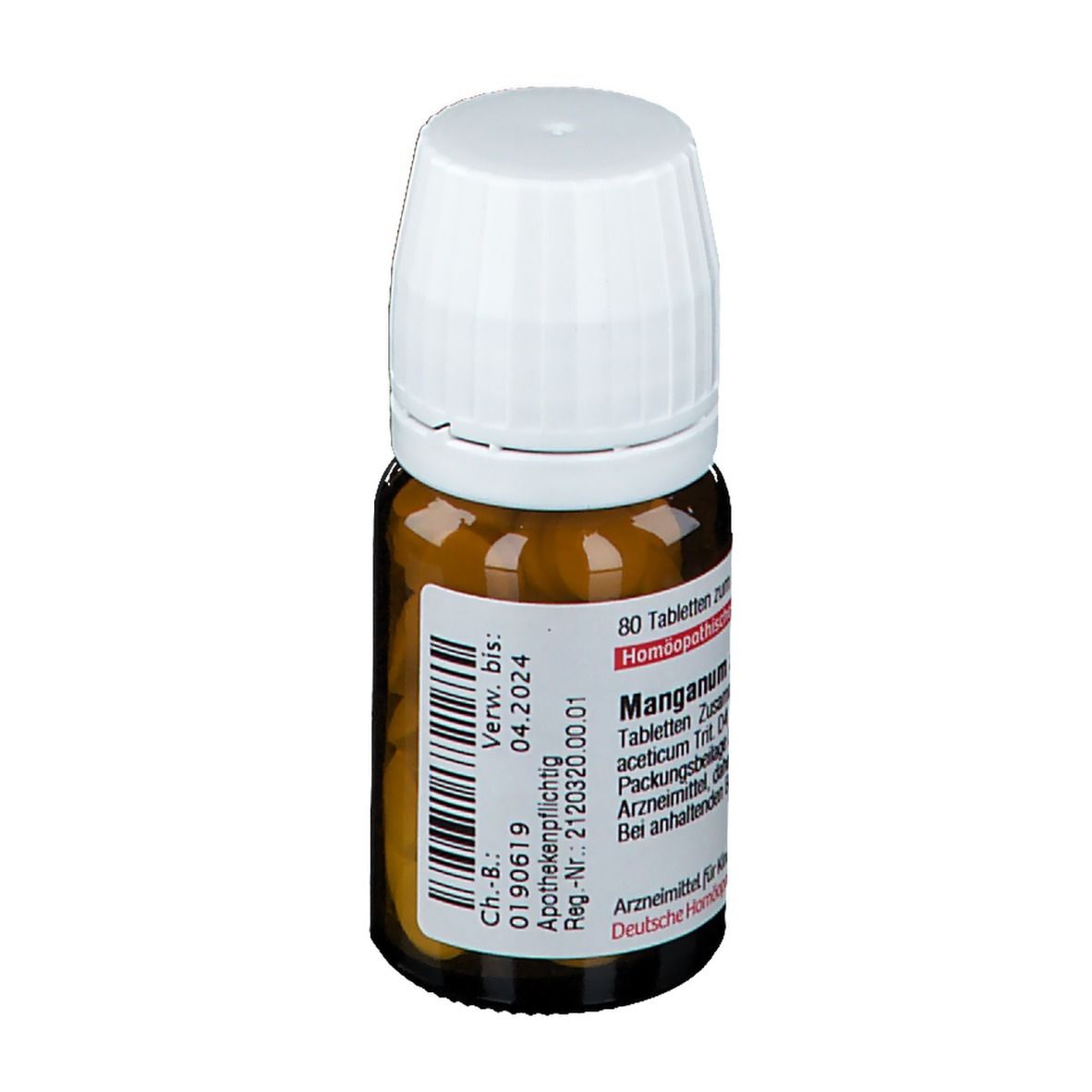 Braune Glasflasche mit weißem Deckel. Roter Streifen mit Text. DHU Manganum aceticum D4. 80 Tabletten.