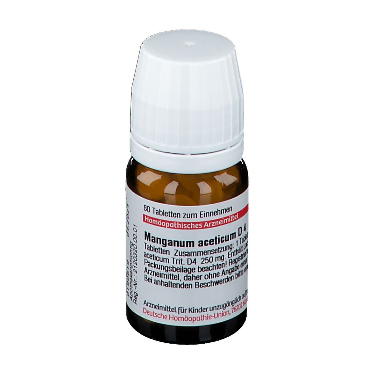 Braune Glasflasche mit weißem Deckel. Roter Streifen mit Text. DHU Manganum aceticum D4. 80 Tabletten.