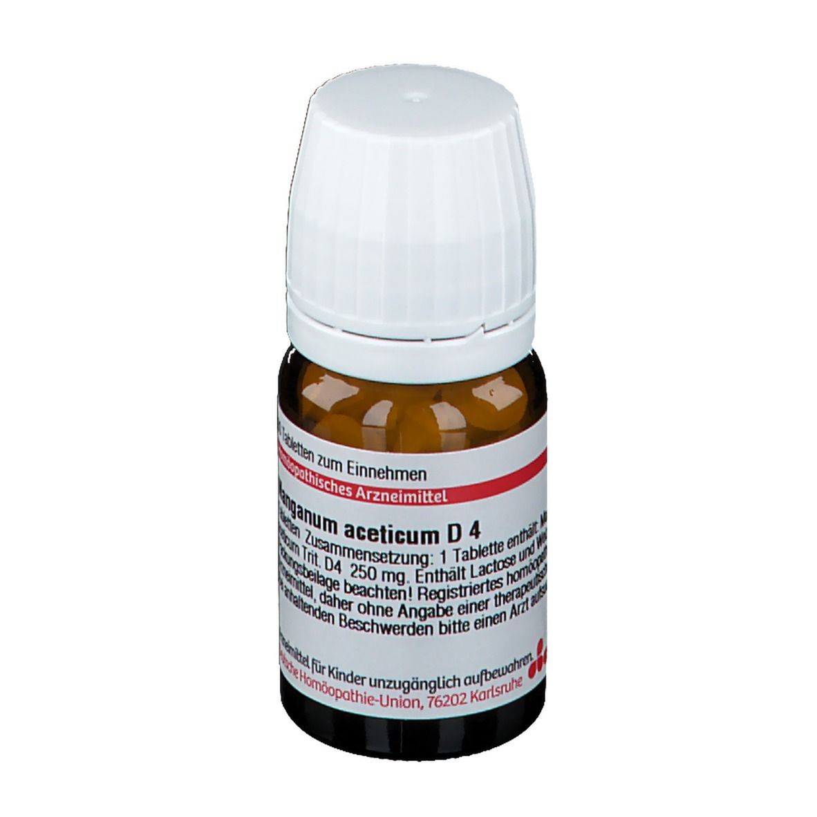 Braune Glasflasche mit weißem Deckel. Roter Streifen mit Text. DHU Manganum aceticum D4. 80 Tabletten.