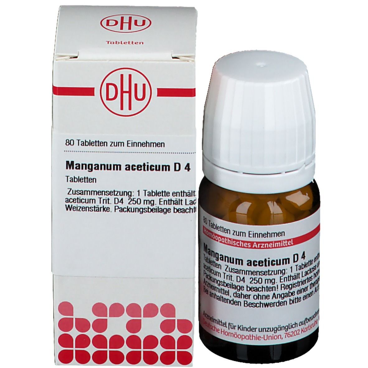 Produktverpackung mit Flasche. Weiße Schachtel mit DHU-Logo. DHU Manganum aceticum D4. 80 Tabletten.