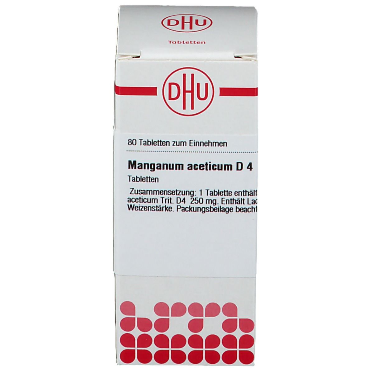 Weiße Produktverpackung. DHU-Logo. DHU Manganum aceticum D4. 80 Tabletten. Text auf der Verpackung.