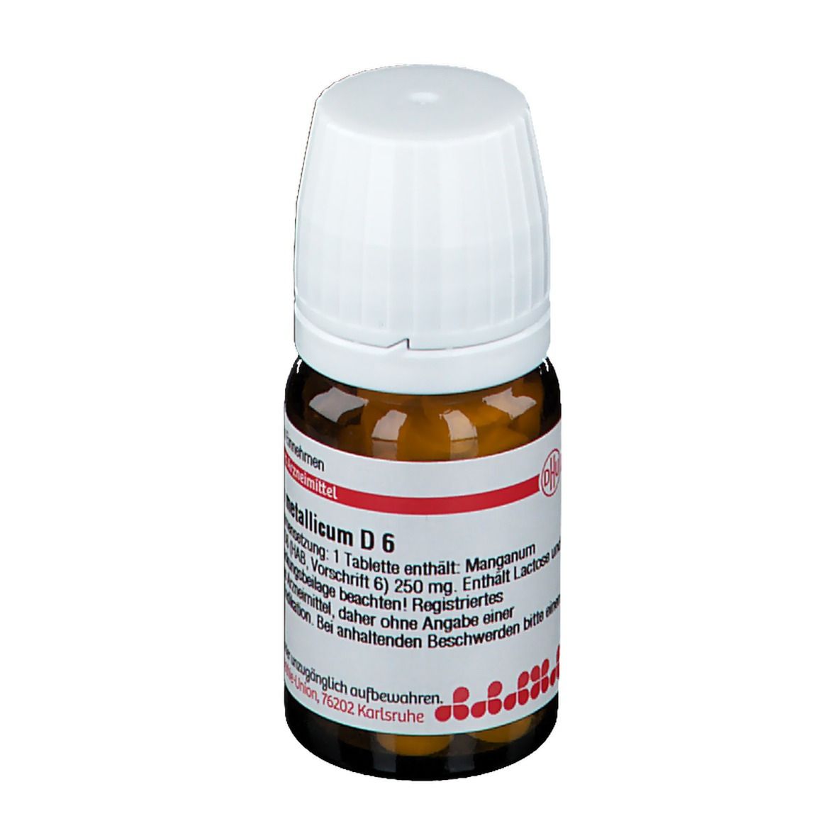 Braune Glasflasche mit weißem Deckel. Etikett mit Text: Manganum metallicum D6. Enthält Lactose. Deutsche Homöopathie-Union.