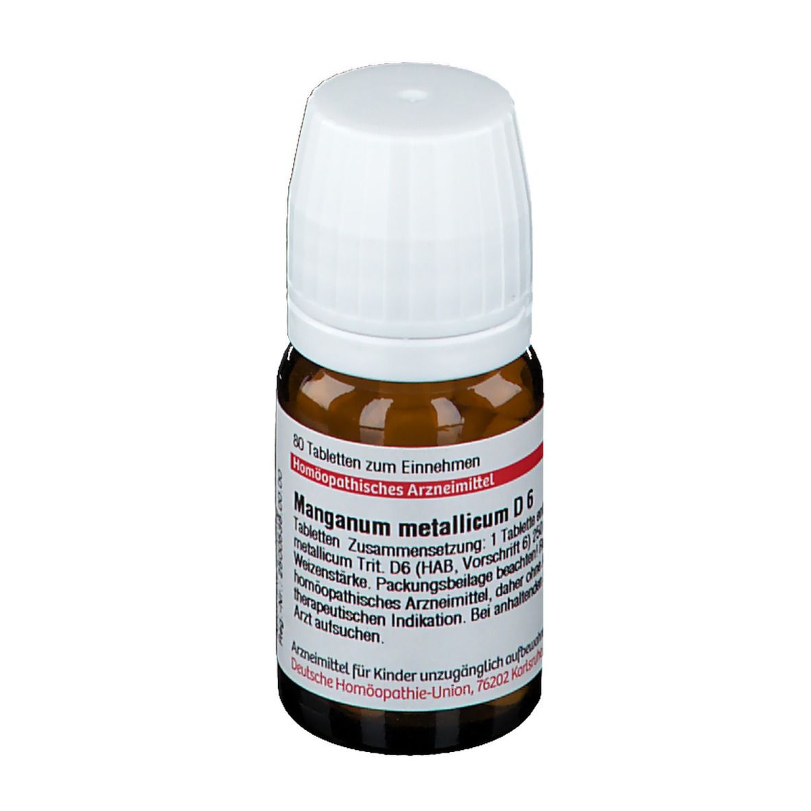Braune Glasflasche mit weißem Deckel. Etikett mit Text: Manganum metallicum D6, 80 Tabletten. Homöopathisches Arzneimittel.