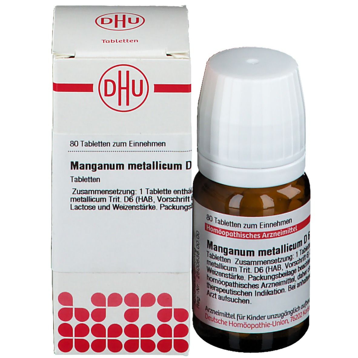 Braune Glasflasche und Karton. Auf dem Karton steht DHU und Manganum metallicum D6. 80 Tabletten zum Einnehmen.