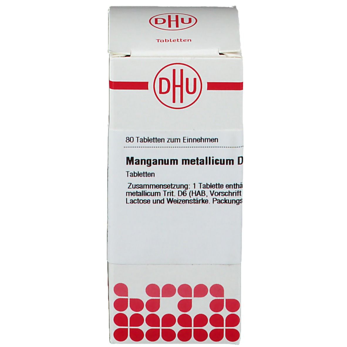 Karton mit DHU-Logo und Text: Manganum metallicum D6, 80 Tabletten zum Einnehmen. Homöopathisches Arzneimittel.