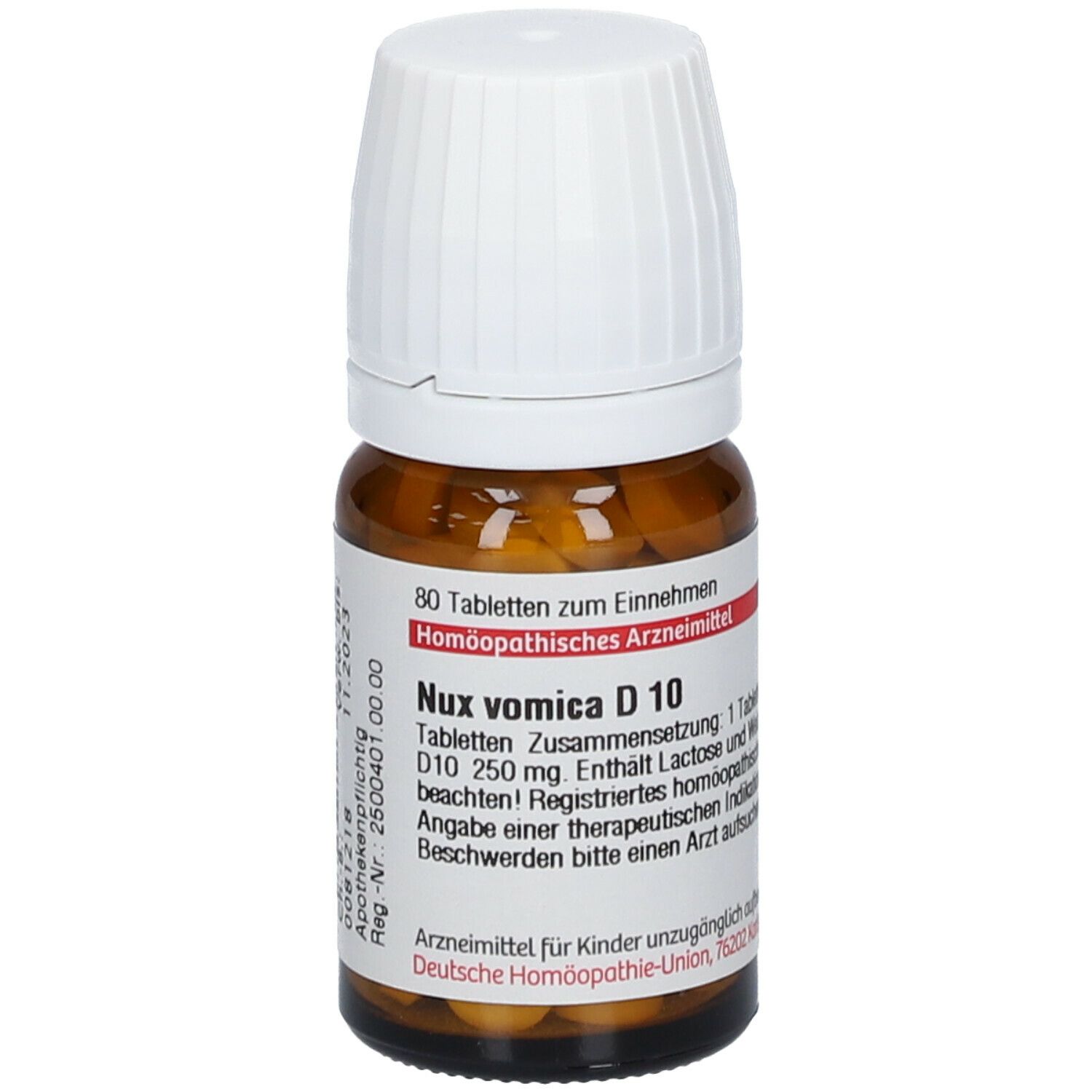 Braune Glasflasche mit weißem Deckel. Etikett mit Text: Nux vomica D 10. Enthält Tabletten.
