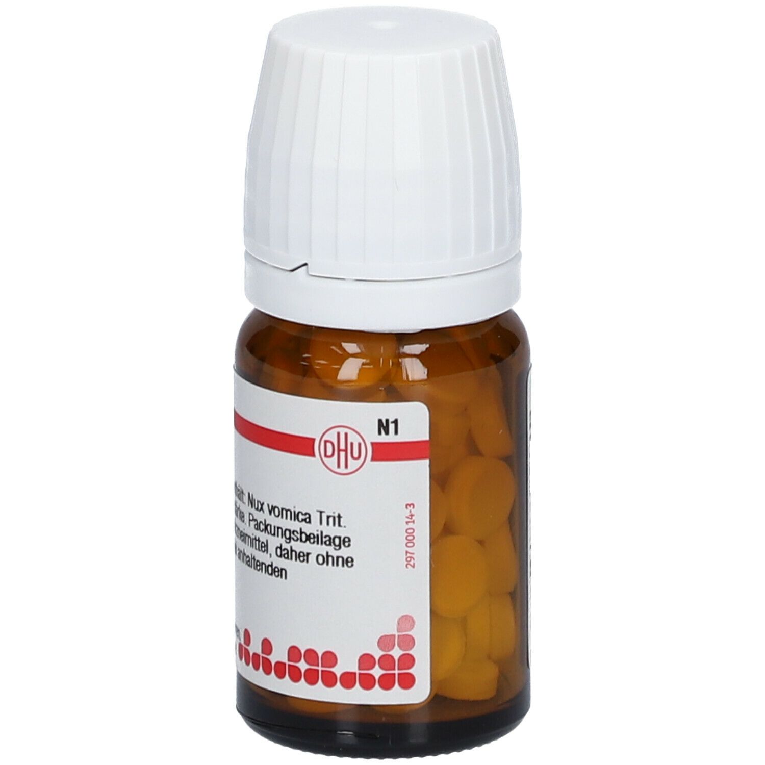 Braune Glasflasche mit weißem Deckel. Etikett mit Text: Nux vomica Trit. Enthält Tabletten.