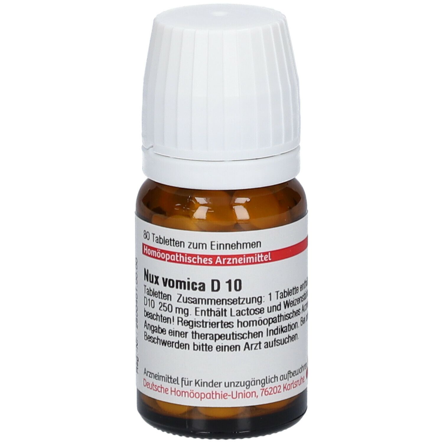 Braune Glasflasche mit weißem Deckel. Etikett mit Text: Nux vomica D 10. Enthält Tabletten.