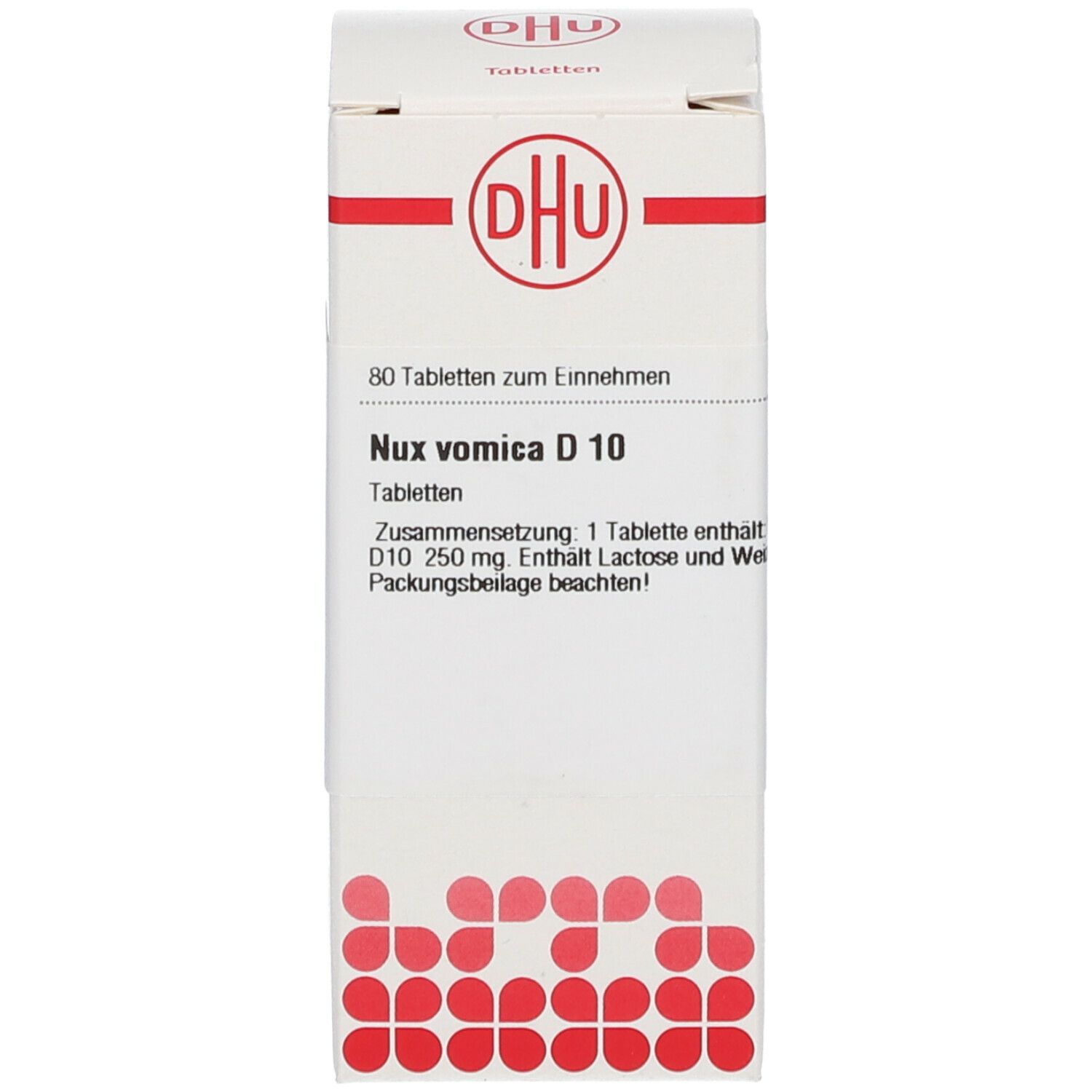 Weißer Karton mit Aufschrift: DHU, Nux vomica D 10. Enthält Tabletten.