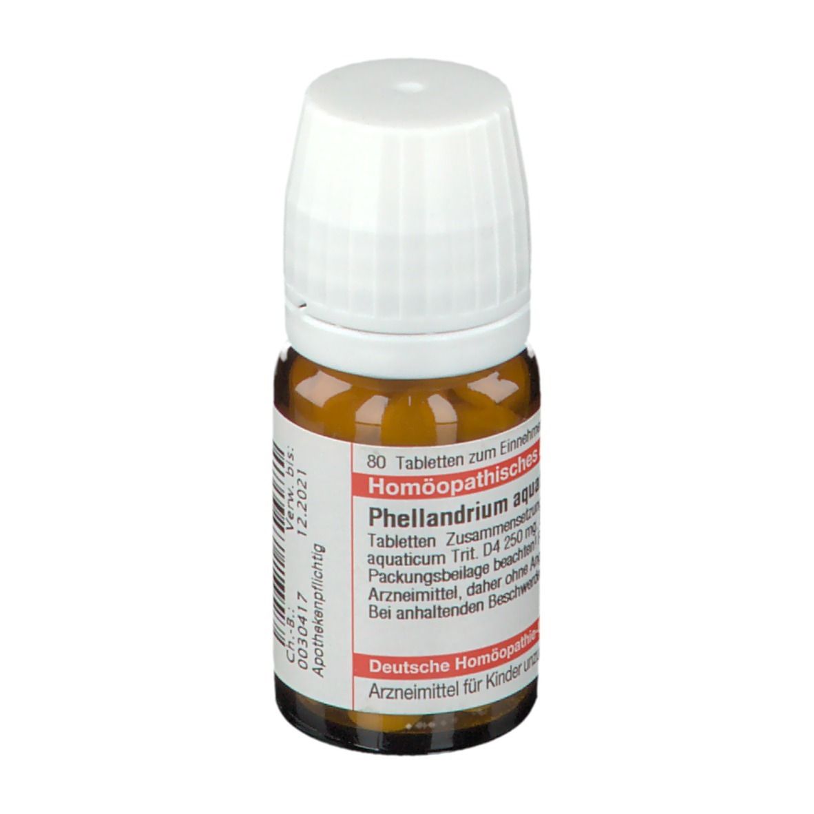 Braune Glasflasche mit weißem Deckel. Etikett mit Text: Phellandrium aquaticum D4, 80 Tabletten. Deutsche Homöopathie-Union.