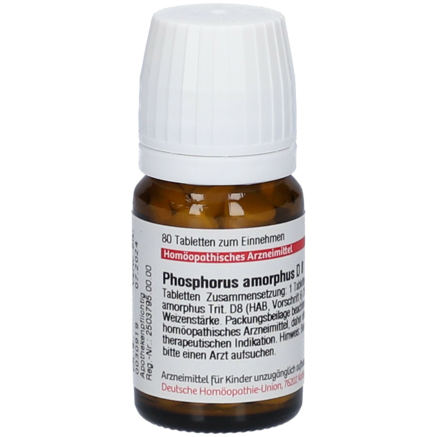 Braune Glasflasche mit weißem Deckel. Etikett mit Produktinformationen. Text: Phosphorus amorphus D8.