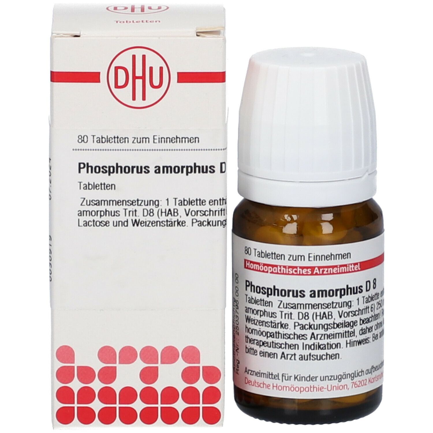 Braune Glasflasche und Schachtel. Auf der Schachtel steht DHU und Phosphorus amorphus D8. Auf der Flasche steht Phosphorus amorphus D8.