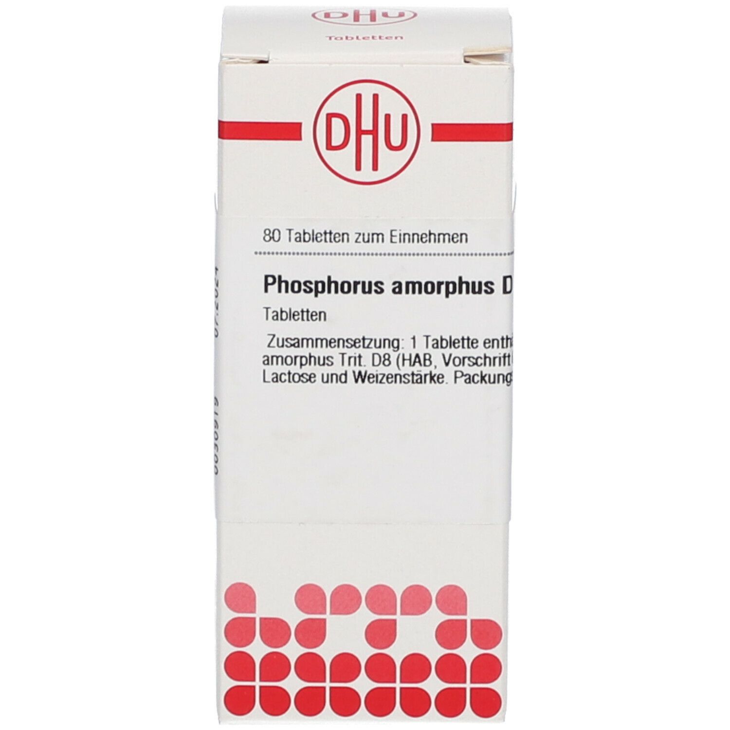 Weiße Schachtel mit roter und blauer Schrift. Oben steht DHU. Auf der Schachtel steht Phosphorus amorphus D8.
