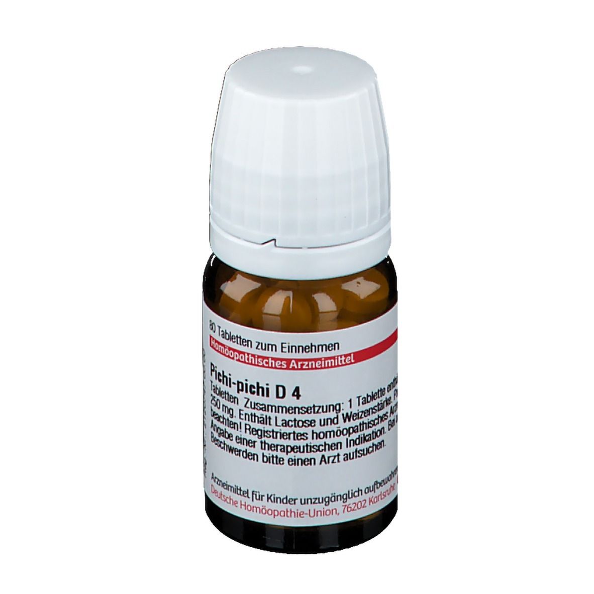 Braune Glasflasche mit weißem Deckel. Roter Streifen mit Text. Tabletten sichtbar. Etikett mit Produktinformationen.