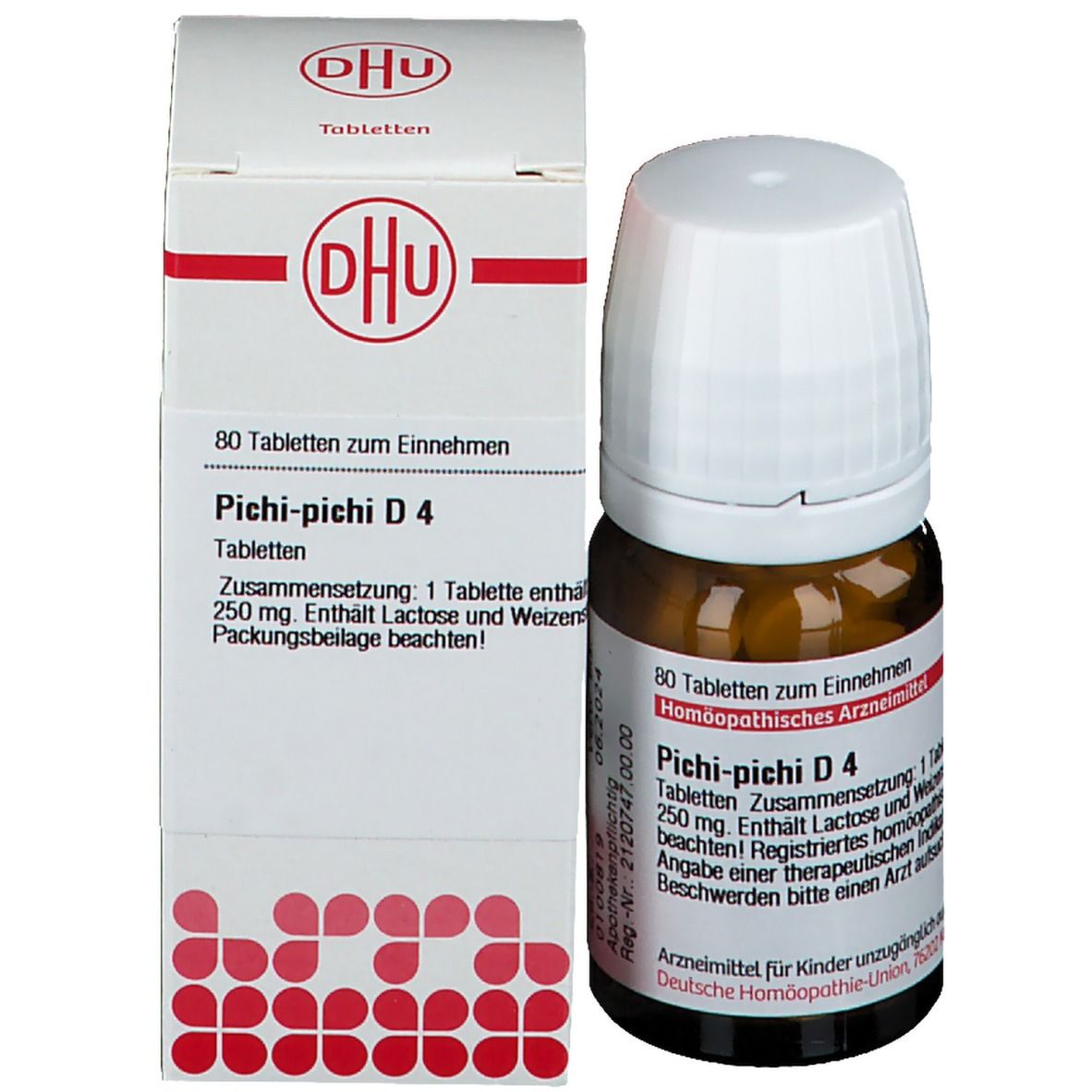 Braune Glasflasche und Karton. Tabletten. DHU-Logo und Produktname auf dem Karton. Roter Streifen mit Text.