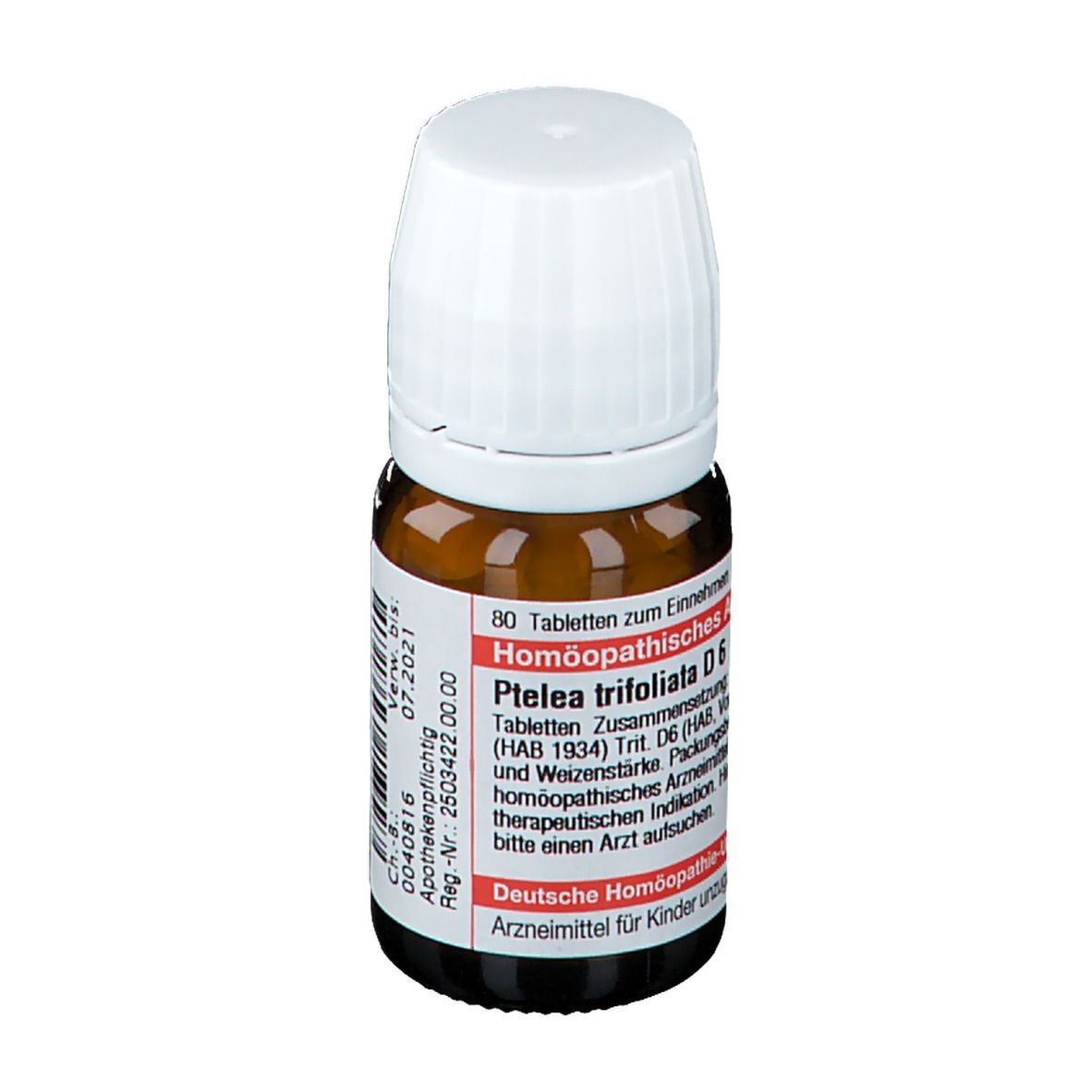 Braune Glasflasche mit weißem Deckel. Rotes Etikett mit Text. DHU Ptelea Trifoliata D6. 80 Tabletten.
