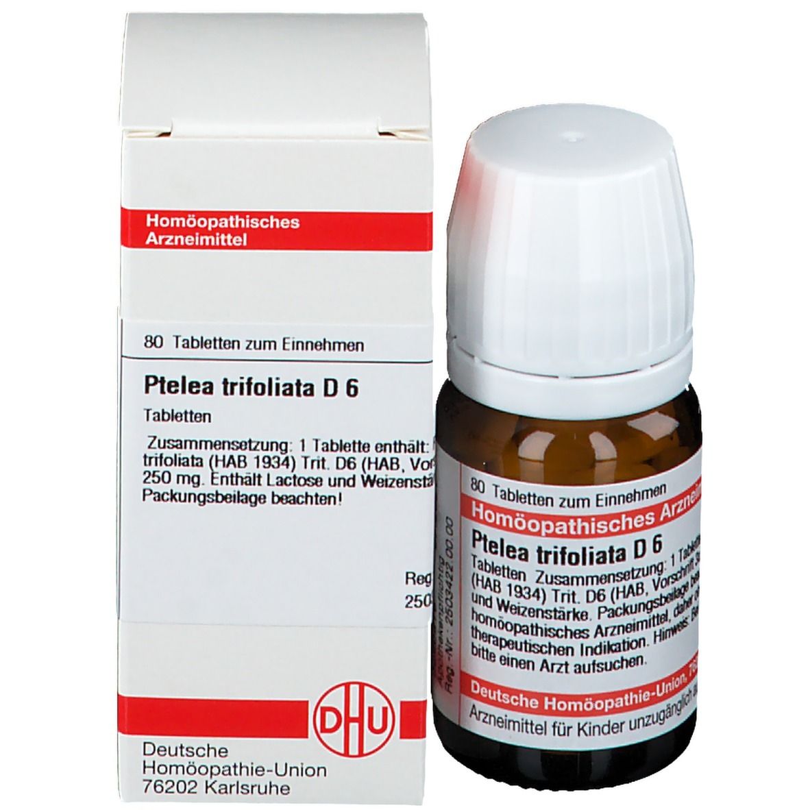 Braune Glasflasche und Schachtel. Schachtel mit rotem Etikett und Text. DHU Ptelea Trifoliata D6. 80 Tabletten.