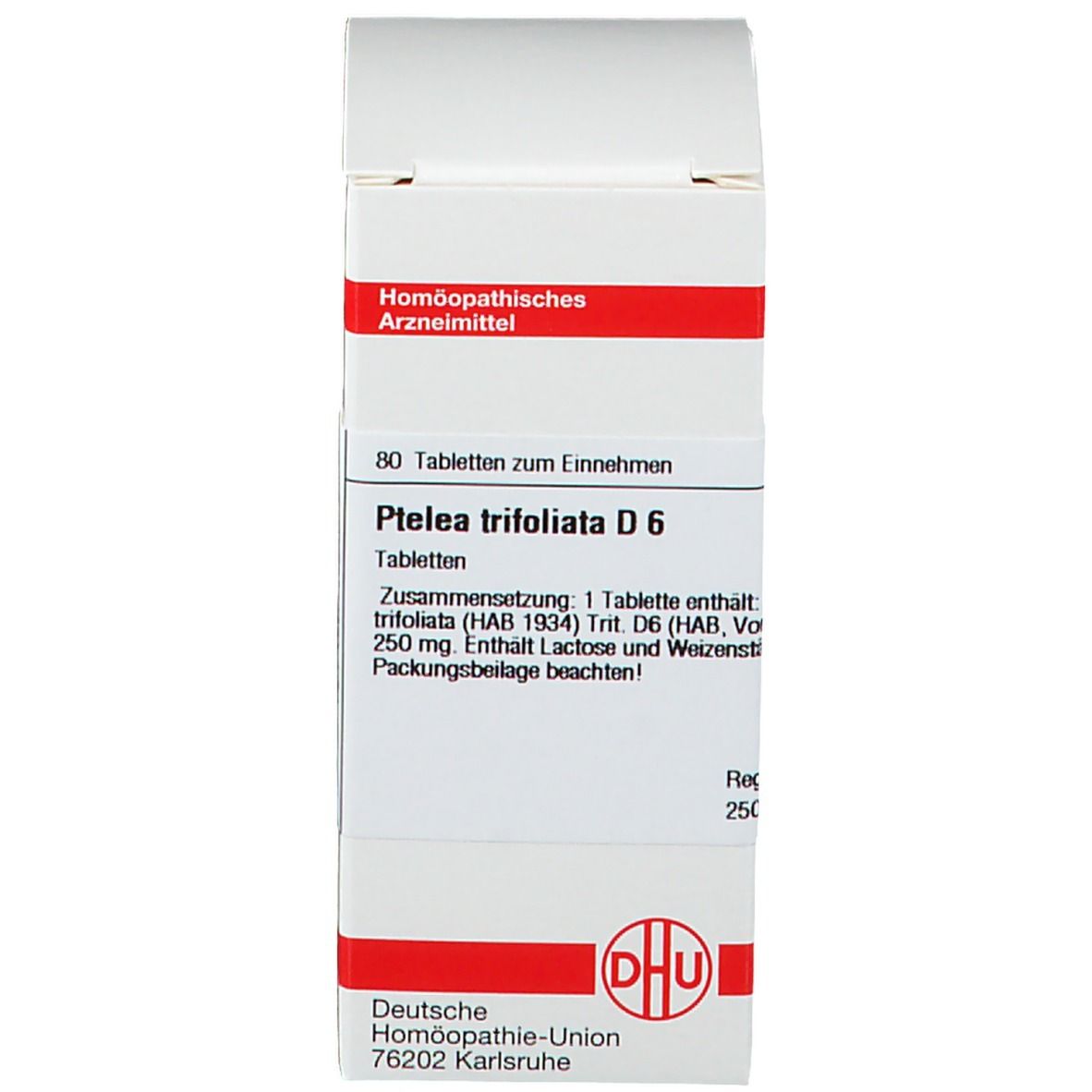 Weiße Schachtel mit rotem Etikett und Text. DHU Ptelea Trifoliata D6. 80 Tabletten.