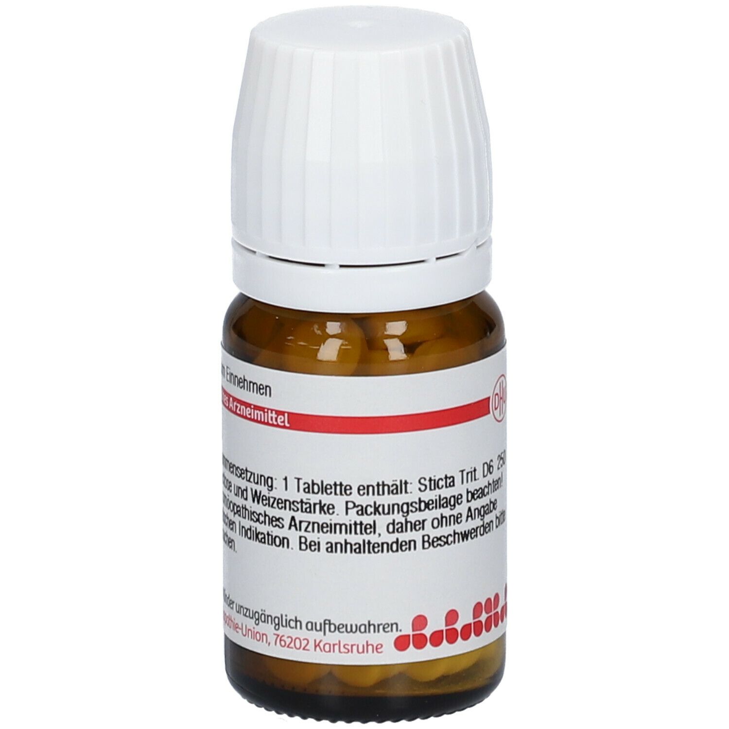 Braune Glasflasche mit weißen Deckel. Etikett mit Produktinformationen: Sticta Trit. D6. Tabletten. DHU Logo.