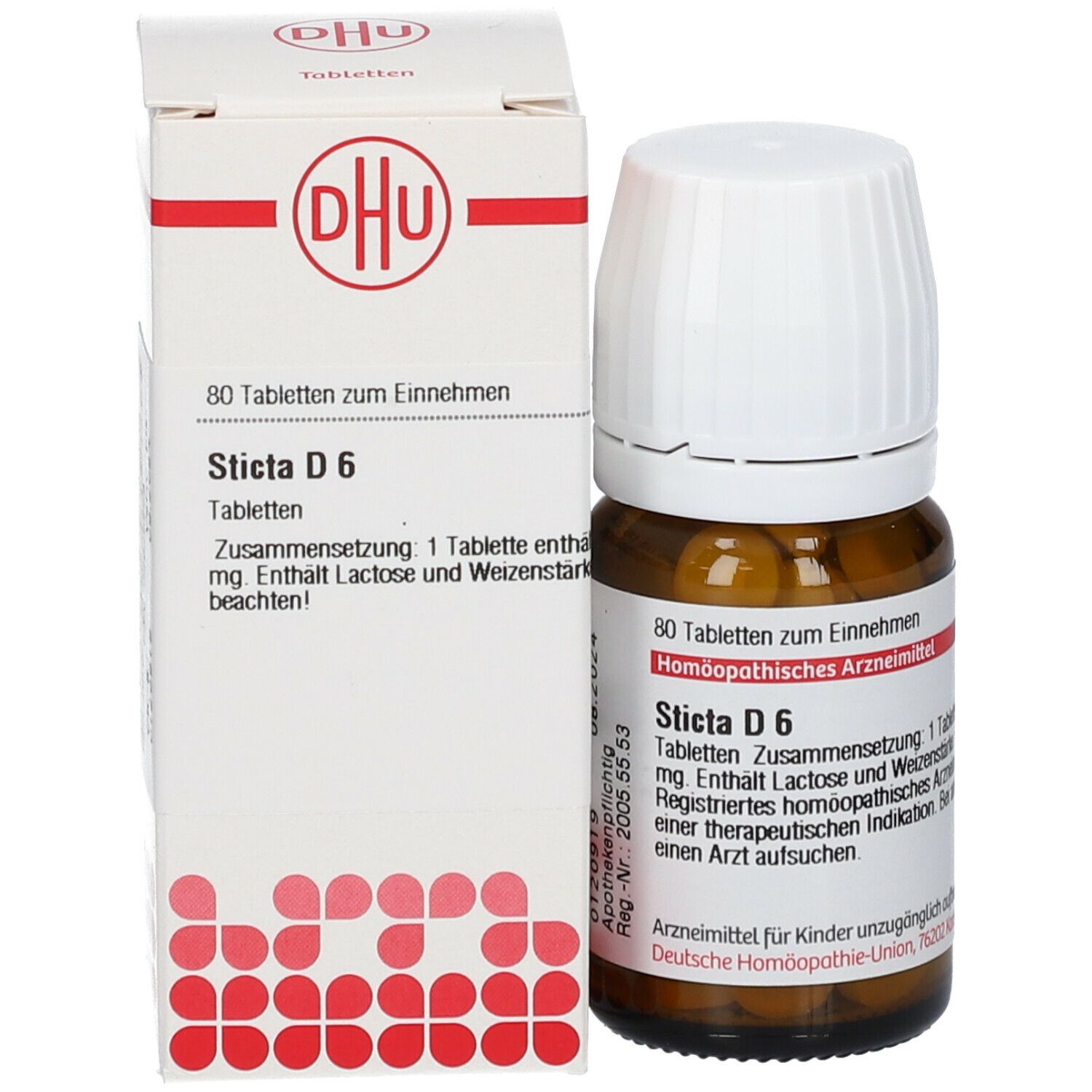 Braune Glasflasche und Schachtel. Schachtel mit Produktinformationen: Sticta D 6, 80 Tabletten. DHU Logo.
