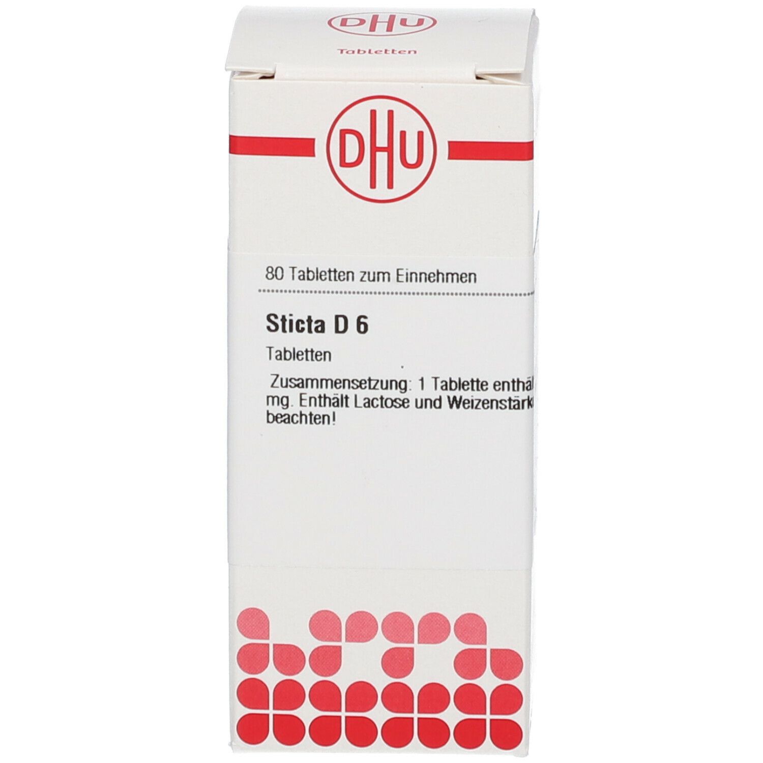 Weiße Schachtel mit Produktinformationen: Sticta D 6, 80 Tabletten. DHU Logo. Homöopathisches Arzneimittel.