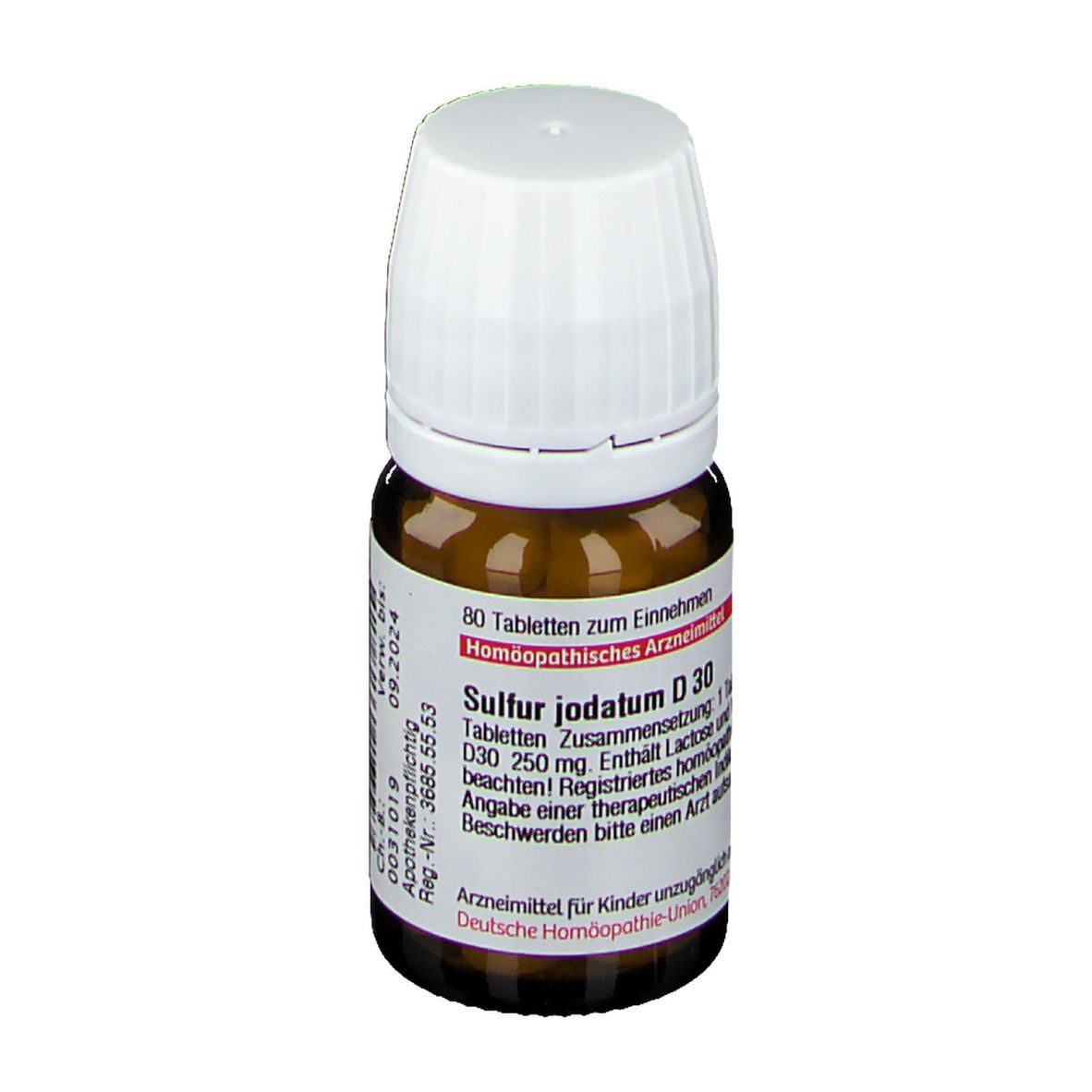 Braune Glasflasche mit weißem Deckel. Beschriftung: Sulfur jodatum D 30, 80 Tabletten. Rote und weiße Etiketten.