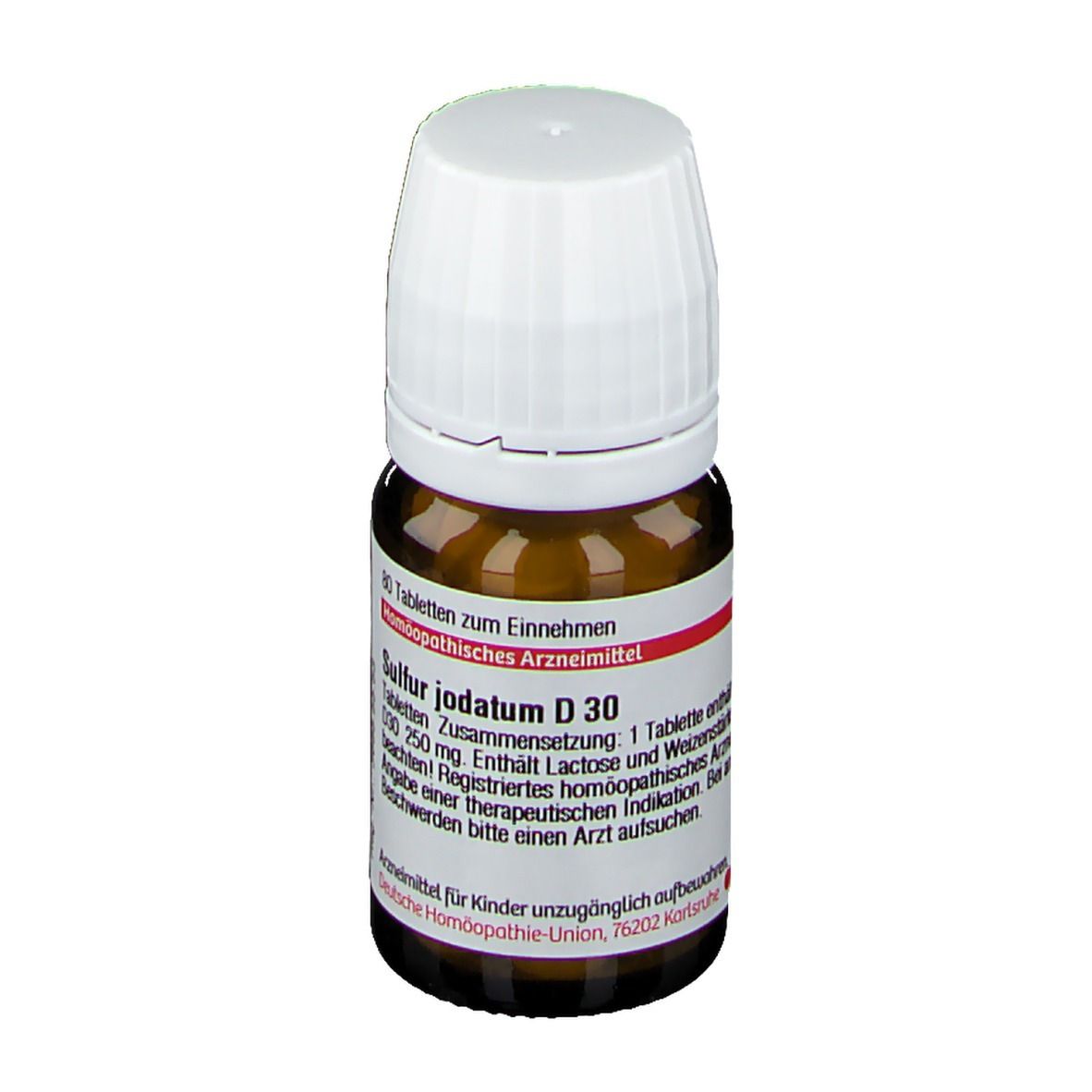 Braune Glasflasche mit weißem Deckel. Beschriftung: Sulfur jodatum D 30, 80 Tabletten. Rote und weiße Etiketten.