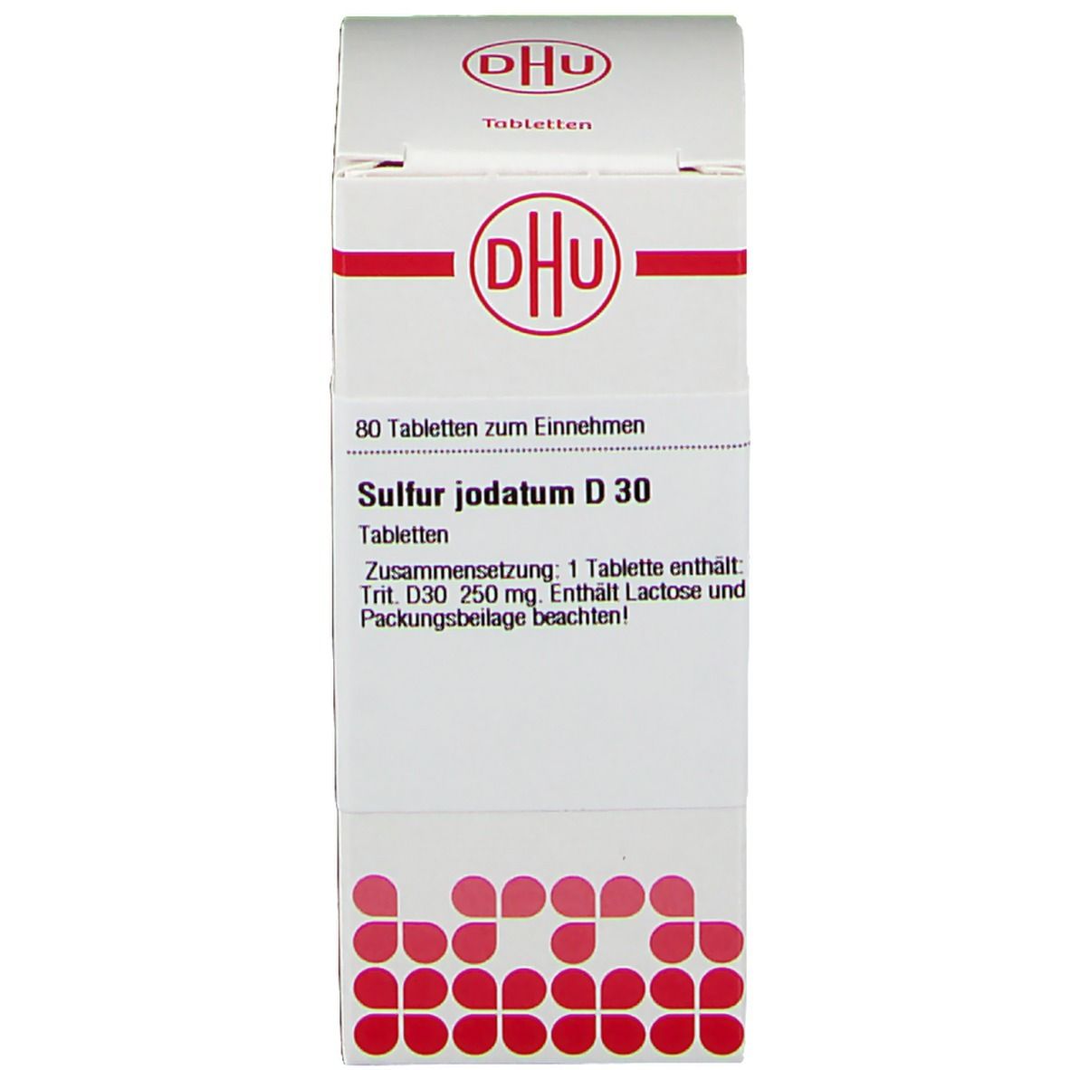 Weiße Schachtel mit rotem Logo und Beschriftung: DHU, Sulfur jodatum D 30, 80 Tabletten. Rote Punkte auf der Vorderseite.