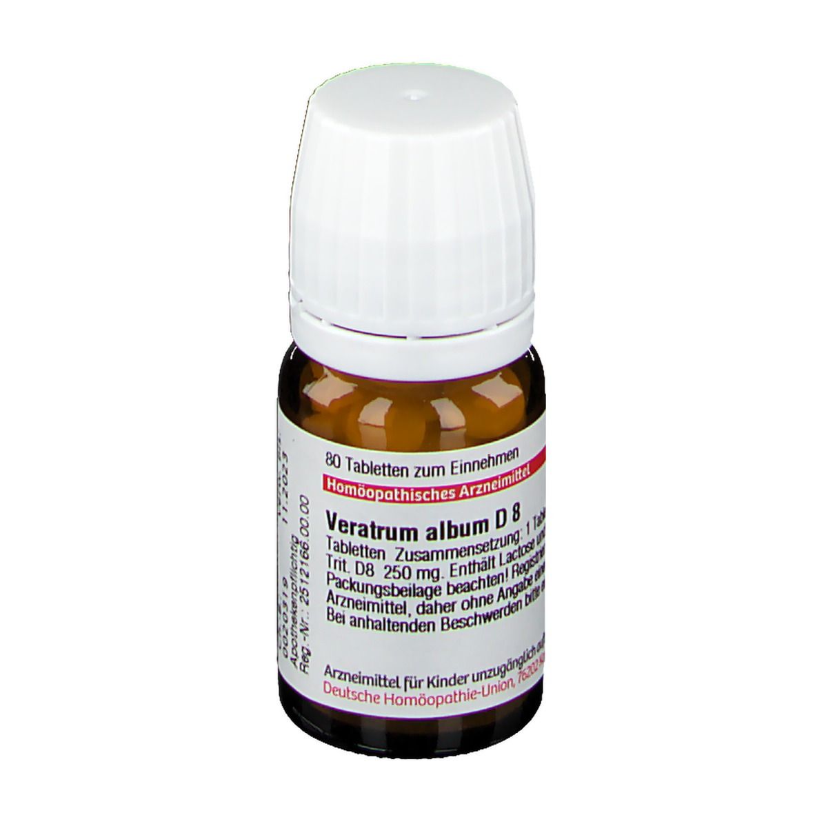 Braune Glasflasche mit weißem Deckel. Etikett mit Text: Veratrum album D8, 80 Tabletten. Apothekenpflichtig.