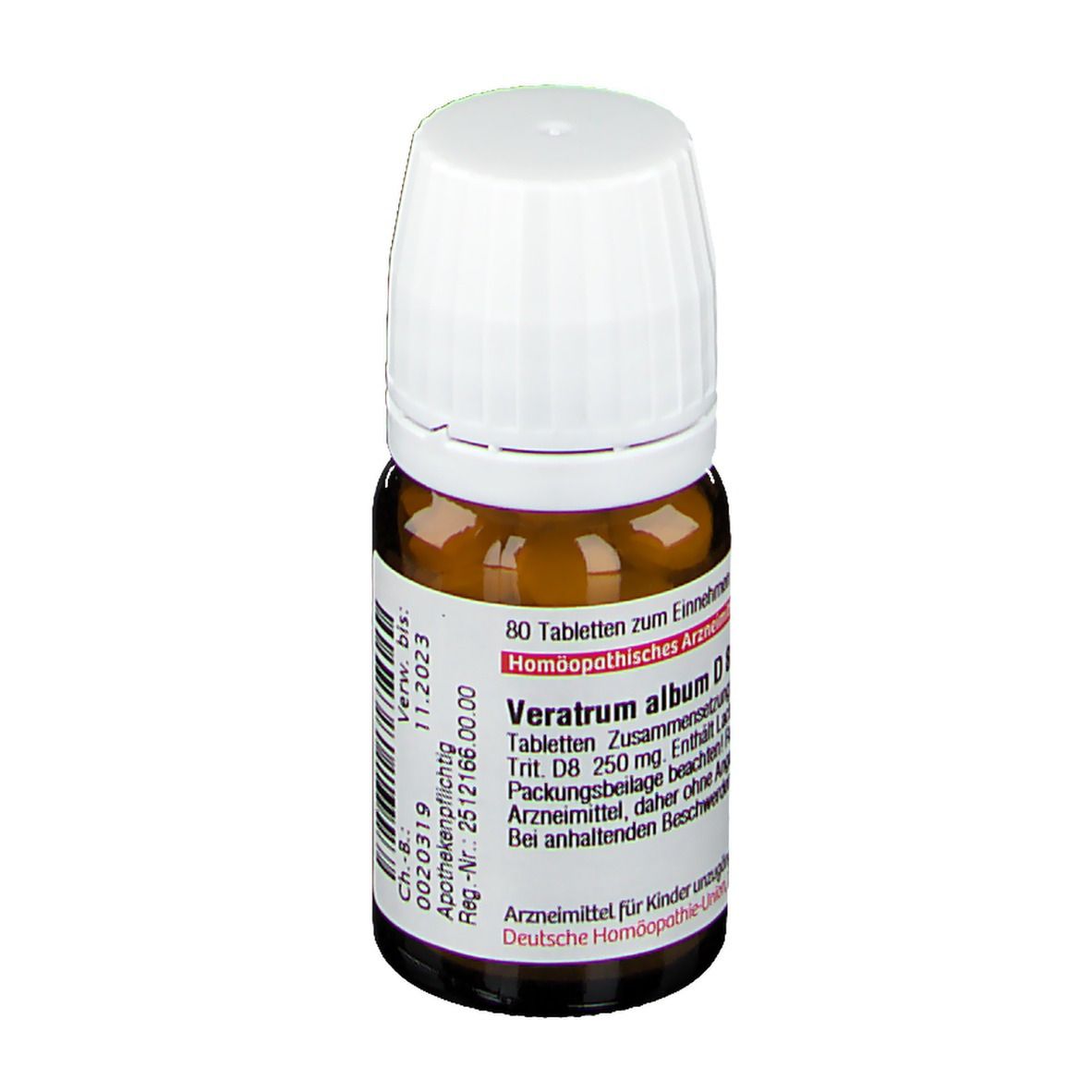 Braune Glasflasche mit weißem Deckel. Etikett mit Text: Veratrum album D8, 80 Tabletten. Apothekenpflichtig.