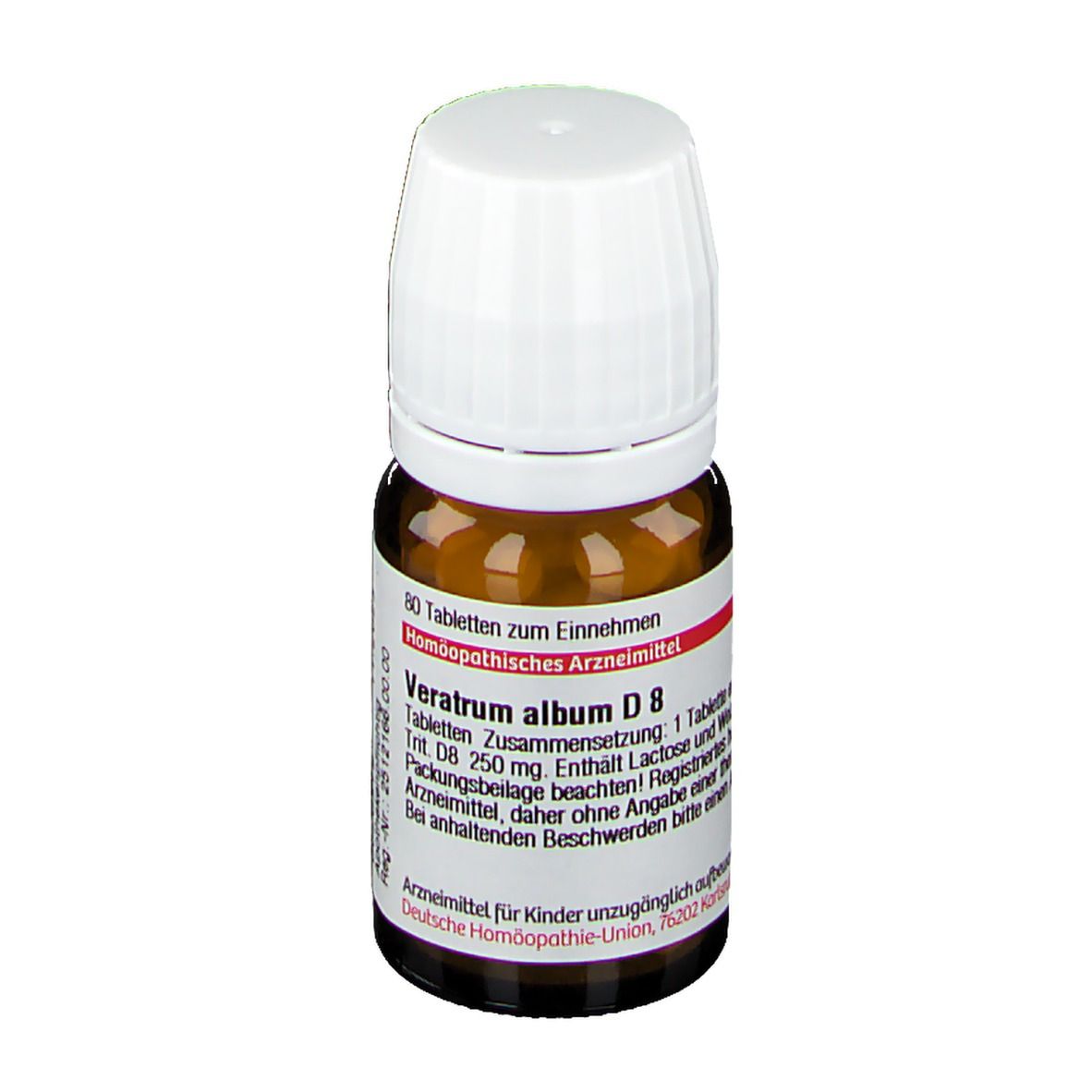 Braune Glasflasche mit weißem Deckel. Etikett mit Text: Veratrum album D8, 80 Tabletten. Apothekenpflichtig.