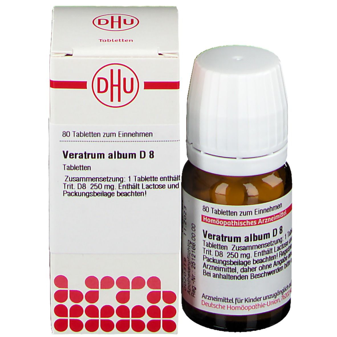 Braune Glasflasche und Schachtel. Schachtel mit DHU-Logo und Text: Veratrum album D8, 80 Tabletten. Apothekenpflichtig.