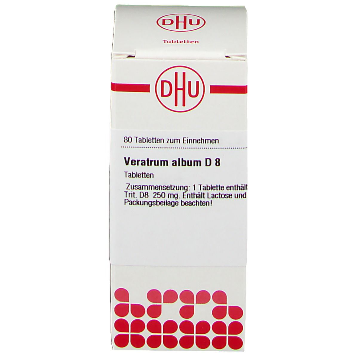 Weiße Schachtel mit DHU-Logo und Text: Veratrum album D8, 80 Tabletten. Apothekenpflichtig.