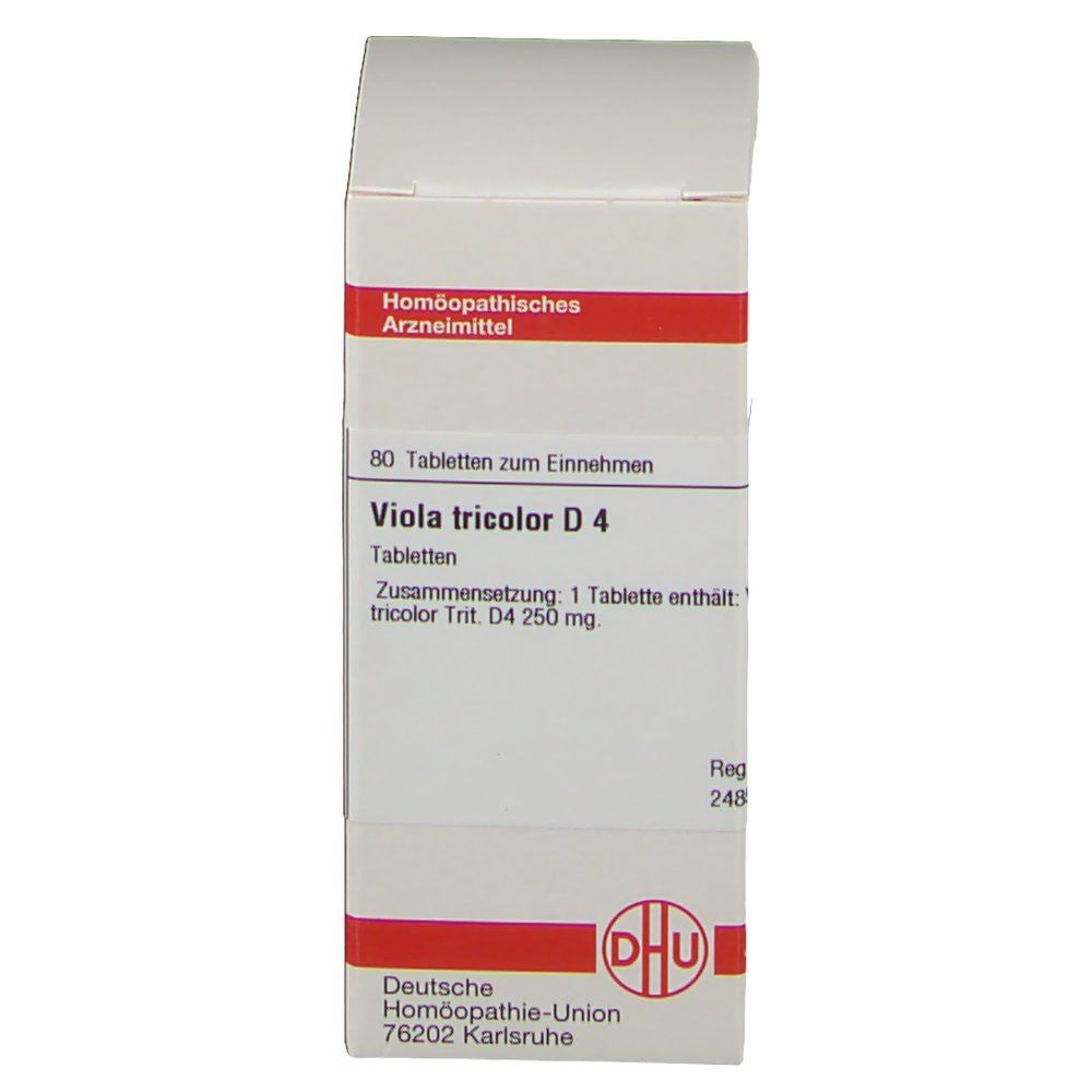 Weiße Schachtel mit rotem Streifen. Aufschrift: 80 Tabletten zum Einnehmen. Viola tricolor D 4. DHU-Logo. Apothekenpflichtig.