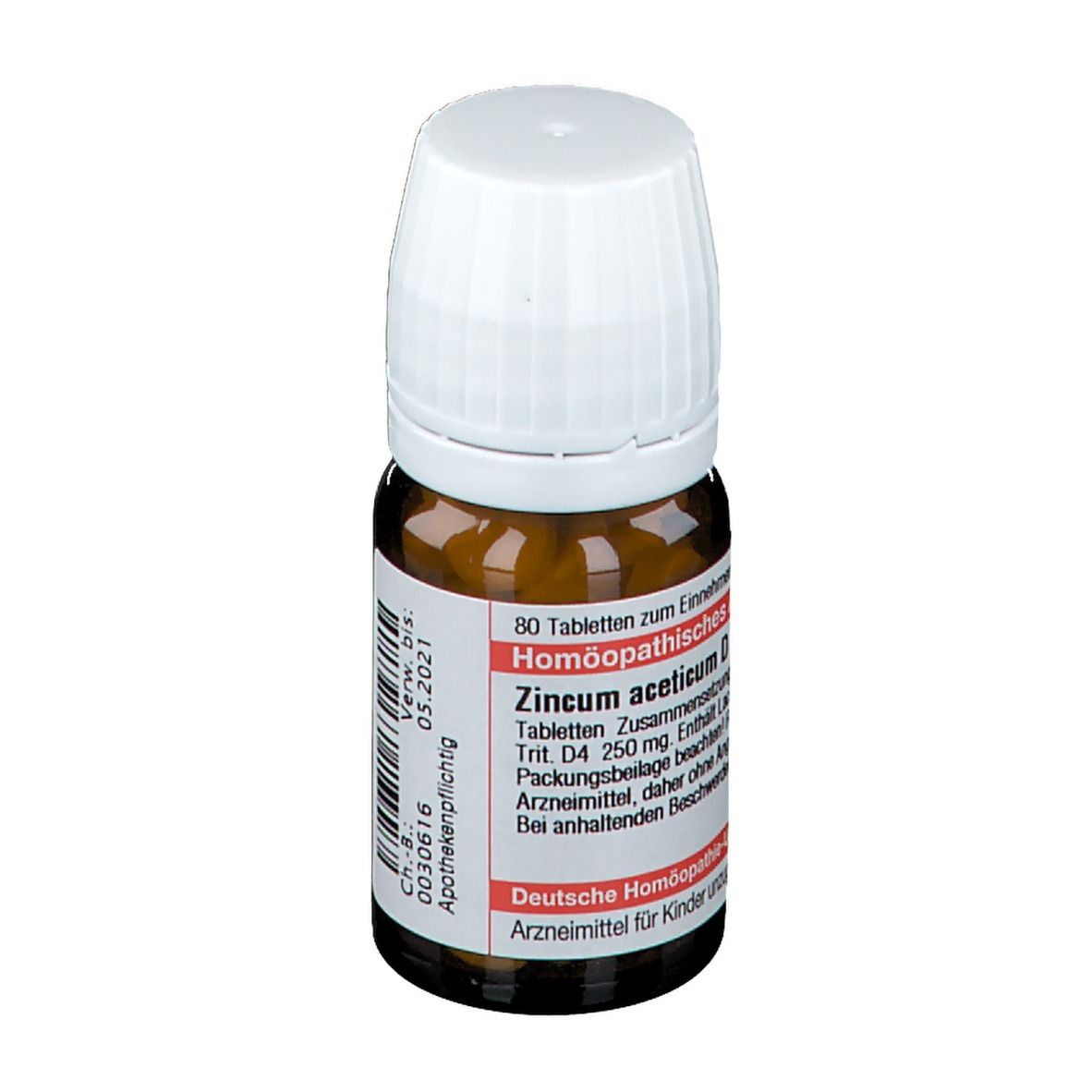 Braune Glasflasche mit weißem Deckel. Etikett mit Produktinformationen: DHU Zincum aceticum D4, 80 Tabletten, Apothekenpflichtig.