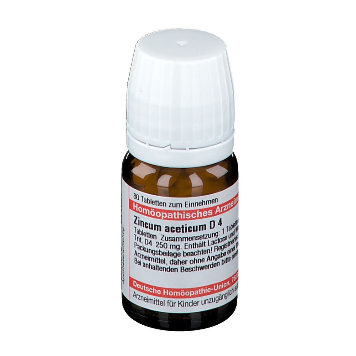 Braune Glasflasche mit weißem Deckel. Etikett mit Produktinformationen: DHU Zincum aceticum D4, 80 Tabletten.