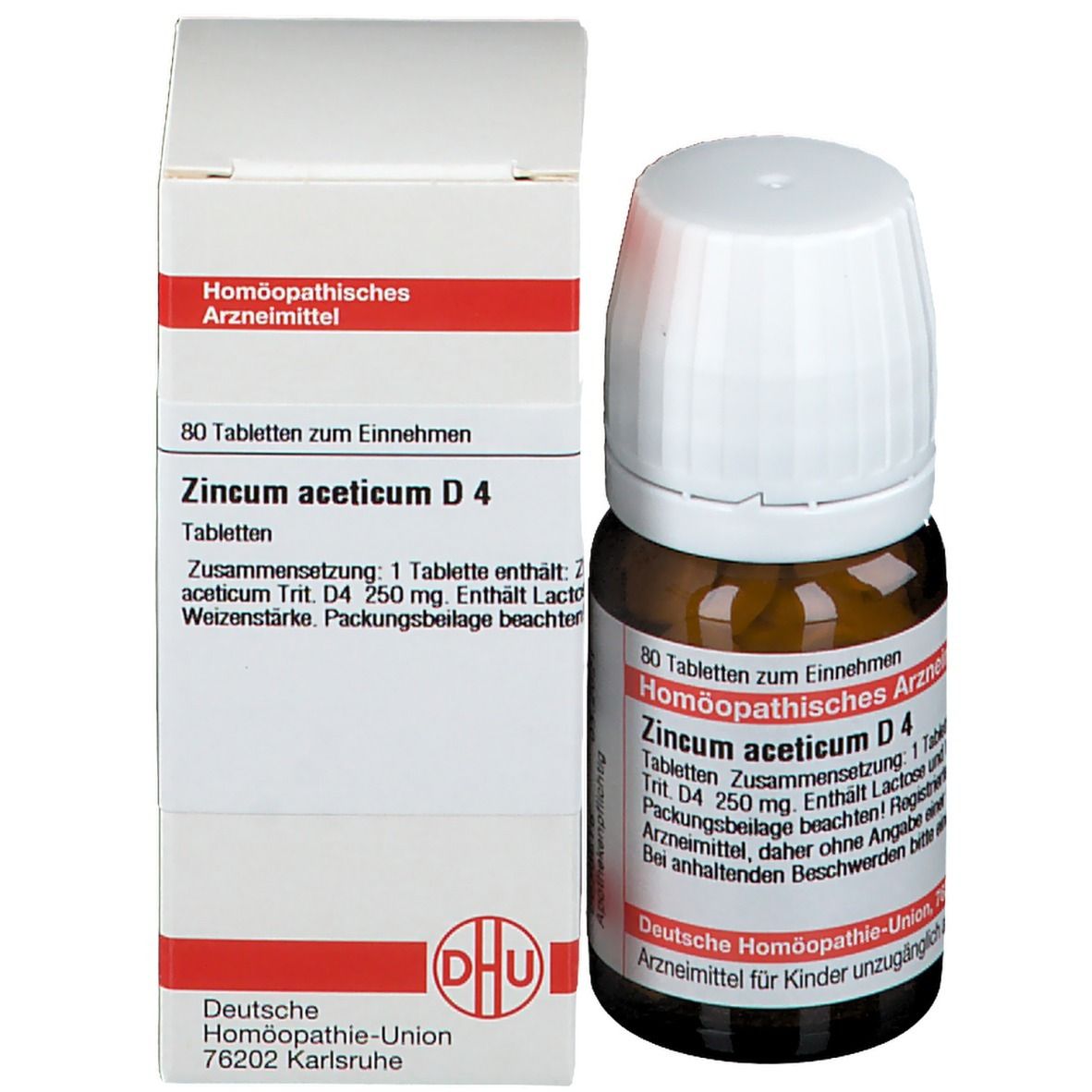 Braune Glasflasche mit weißem Deckel neben weißer Faltschachtel. Aufdruck: DHU Zincum aceticum D4, 80 Tabletten.